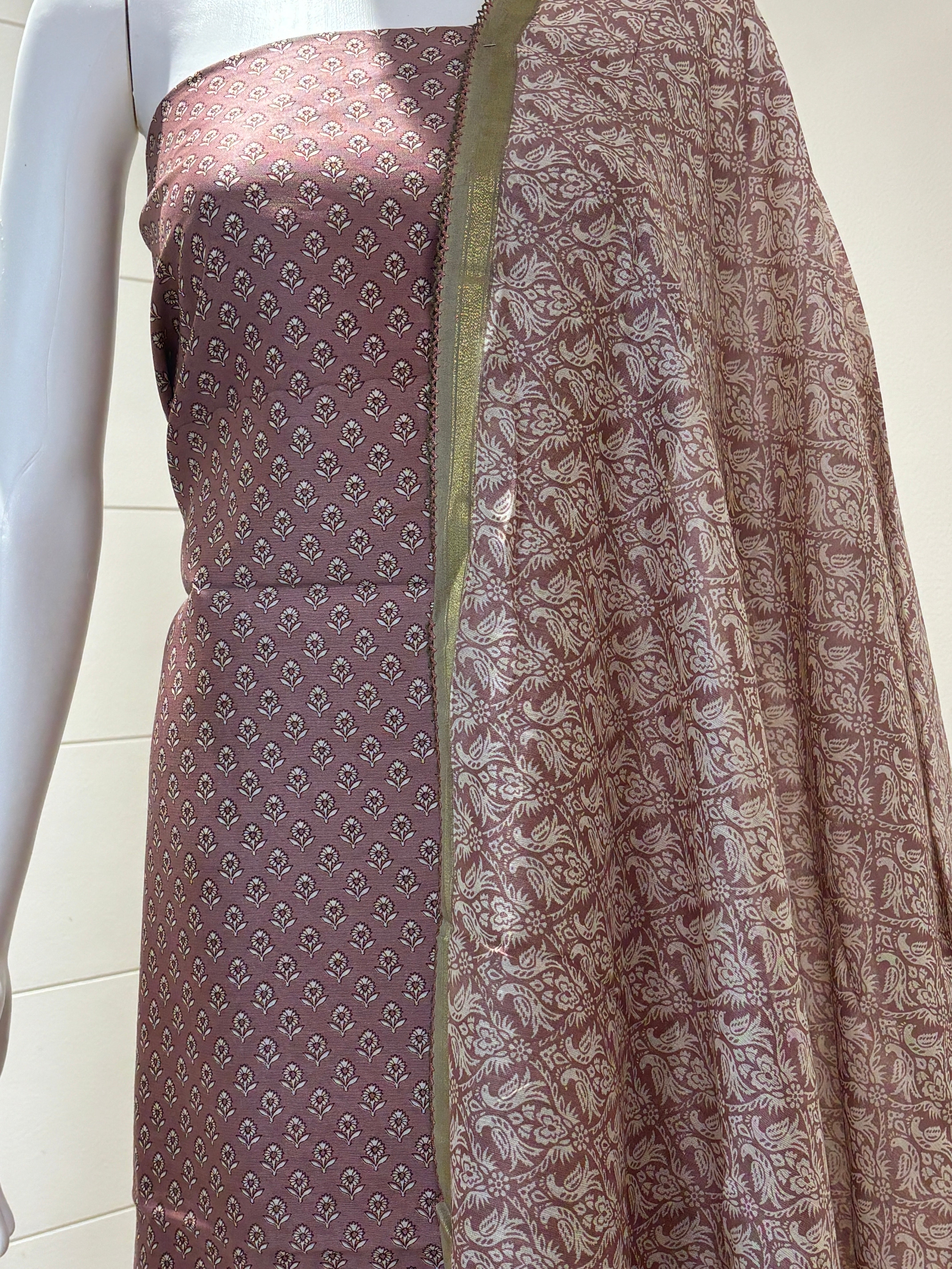 Digital Printed Chanderi Silk Suit Material in Onion Pink with Mehendi Green Contrast & Embroidered Dupatta