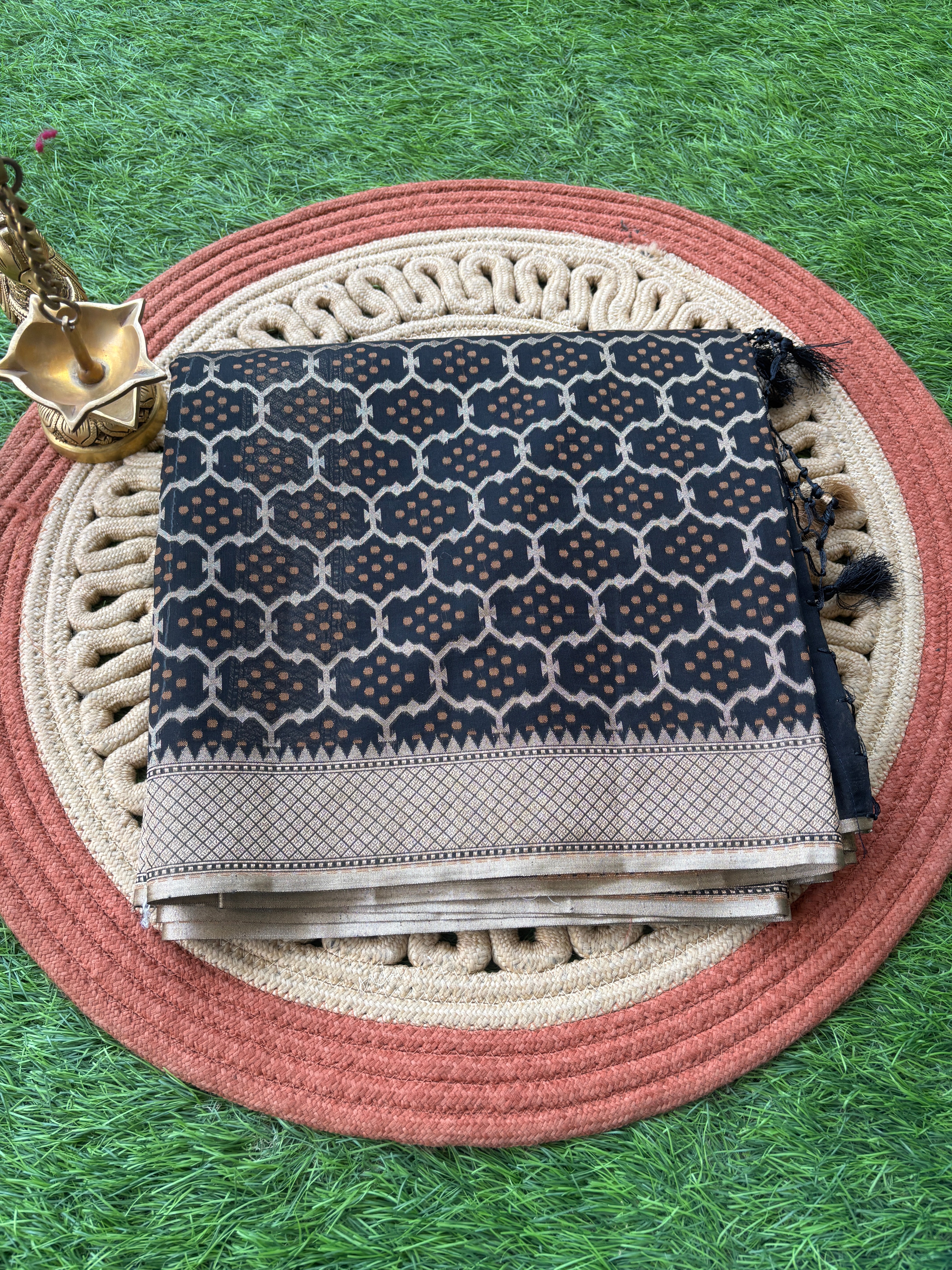 Black Banarasi Mercerized Cotton Saree with Allover Jaal | Chandrika Lifestyles