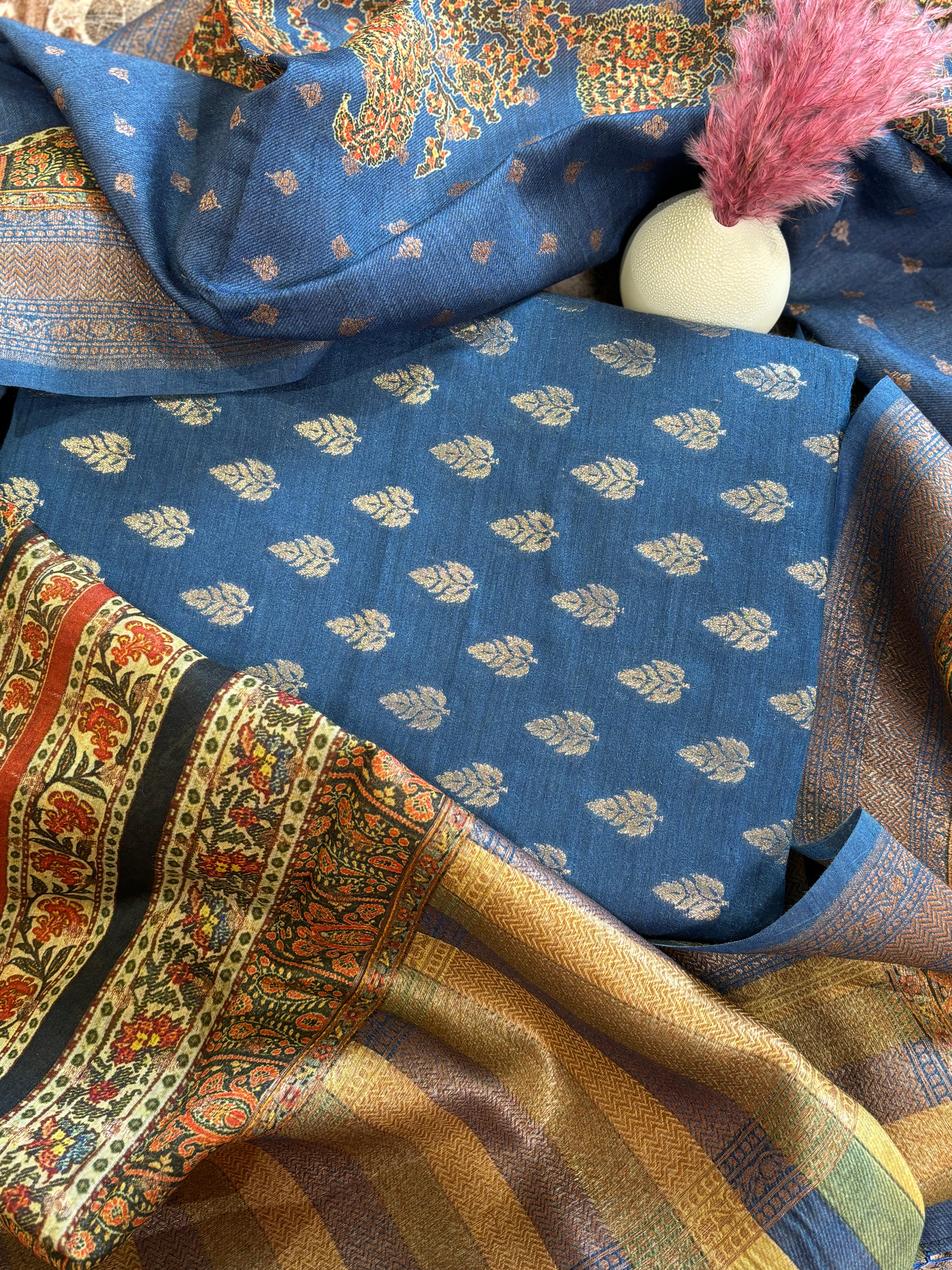 Pure Navy Blue Banarasi Suit Material with All-Over Zari Butta & Meenakari Woven Dupatta