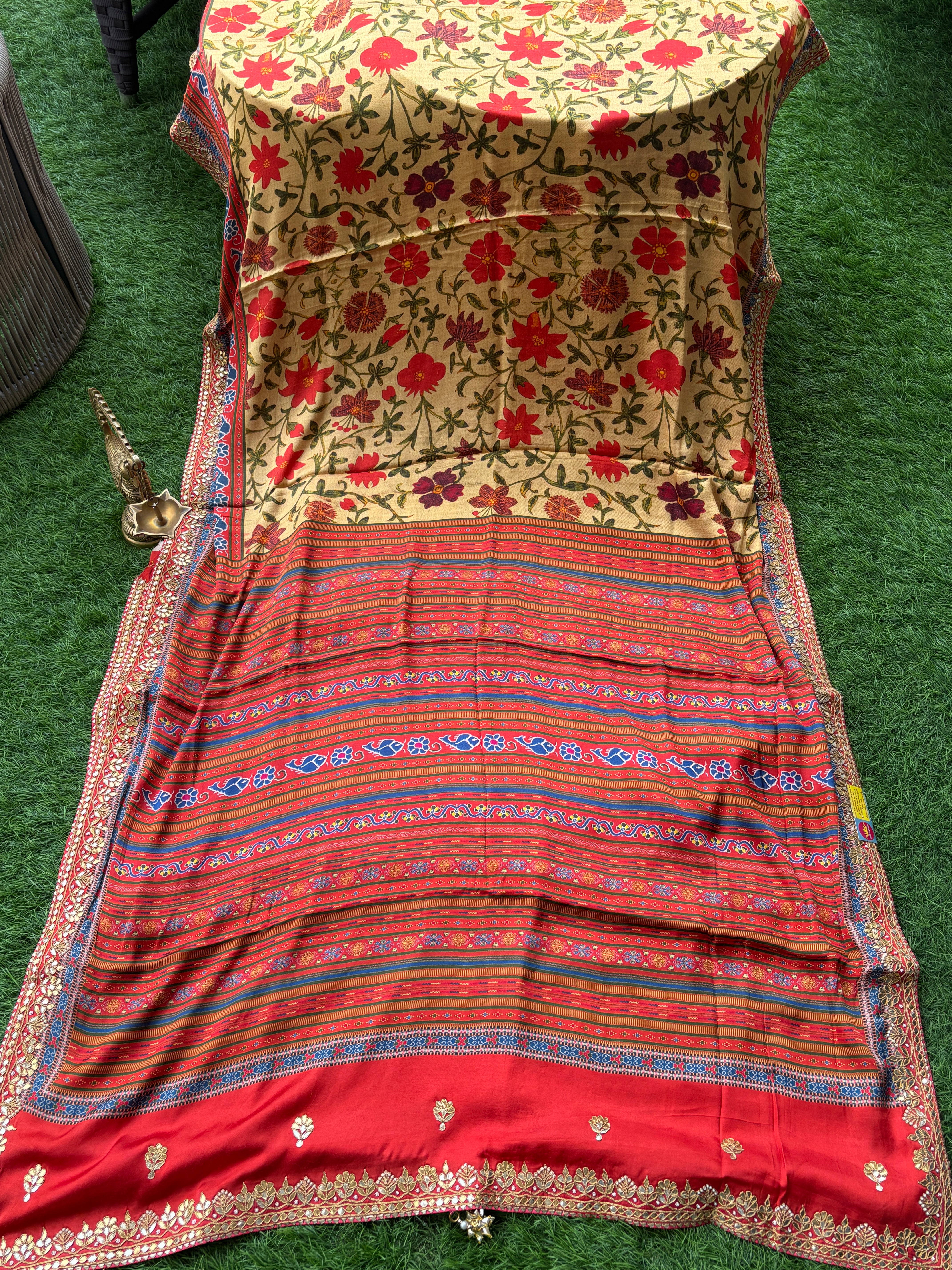 Elegant Brick Red Pure Crepe Silk Saree with Gota Work Border & Digital Floral Print