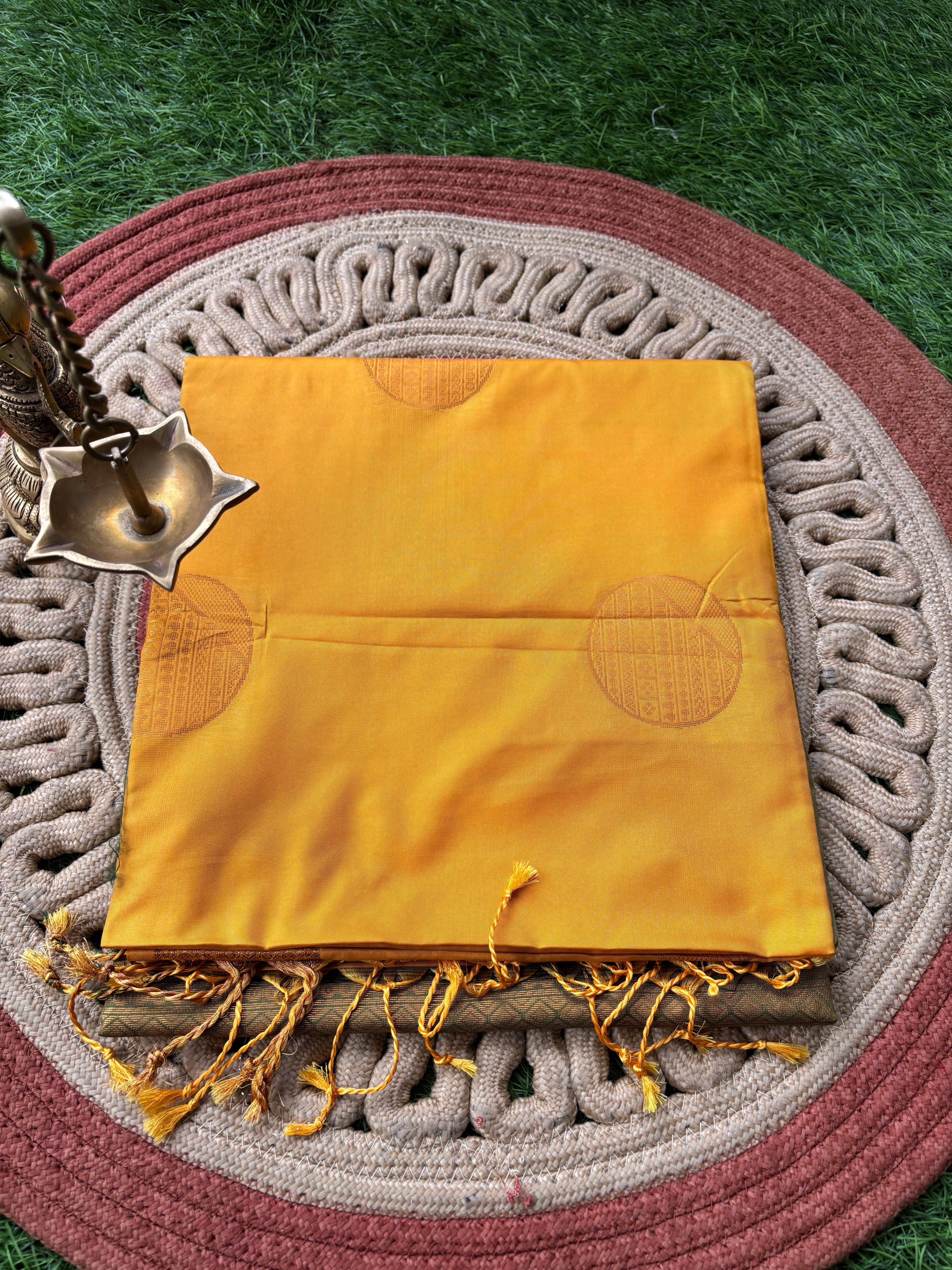 Mango Yellow Art Silk Kanjeevaram Saree with Green Pallu | Chandrika Lifestyles