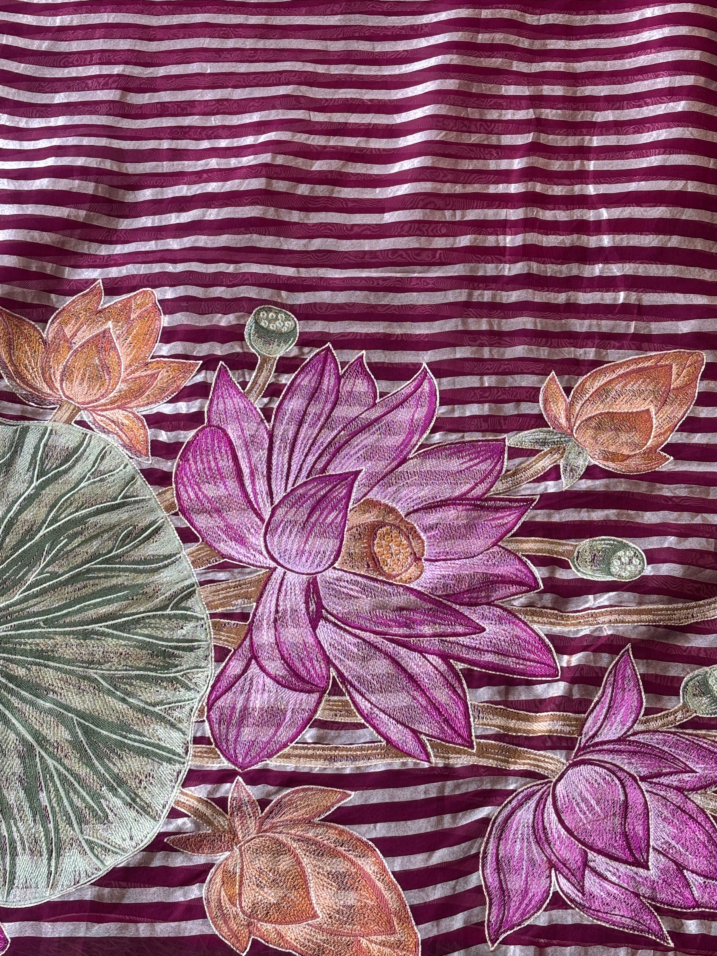 Rani Pink Kora Organza Tissue Silk Saree with Silver Zari Stripes & Embroidered Buttas