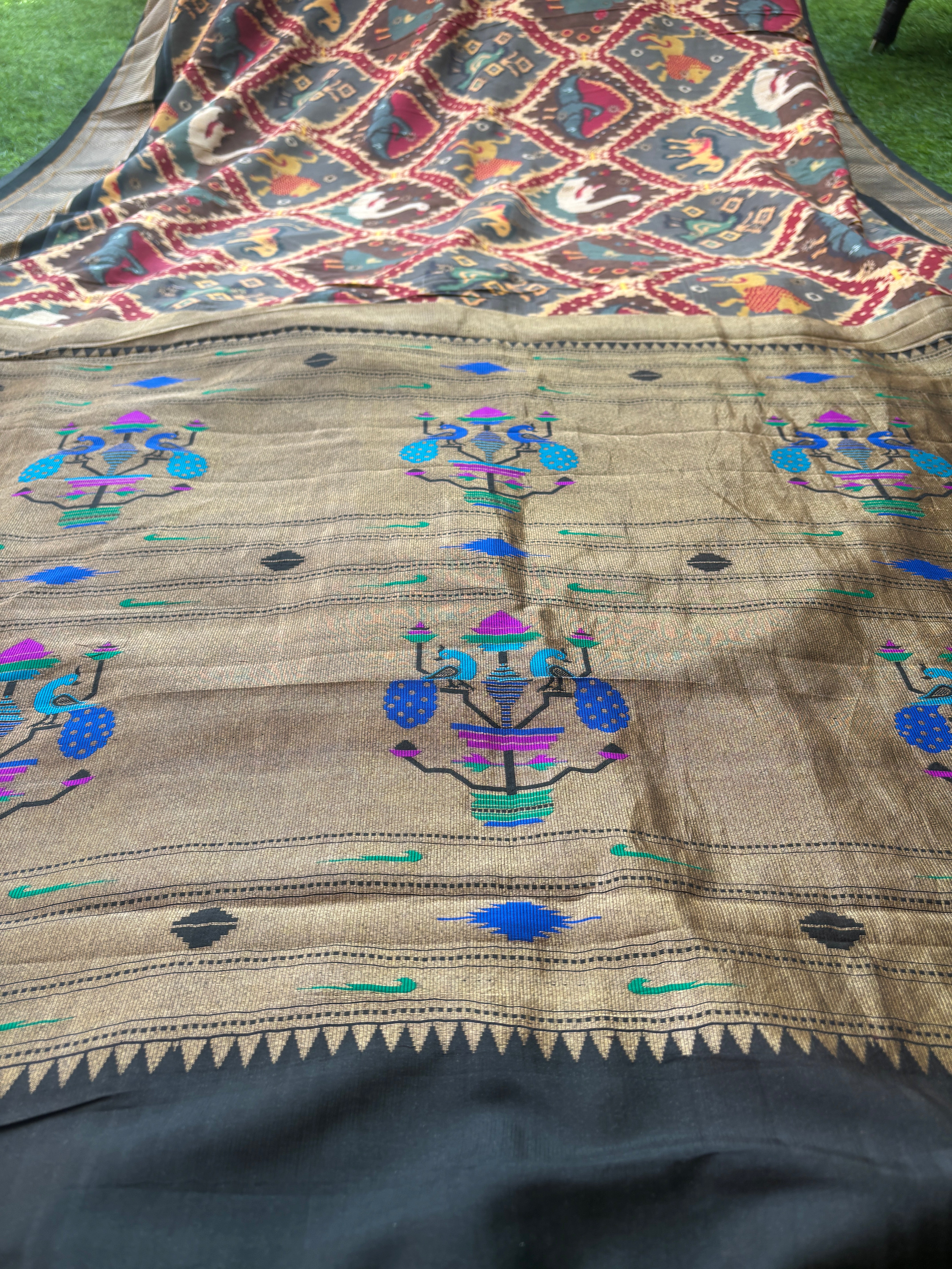 Pure Silk Black Paithani Saree with Brown Ikat Weaving and Traditional Paithani Border & Pallu