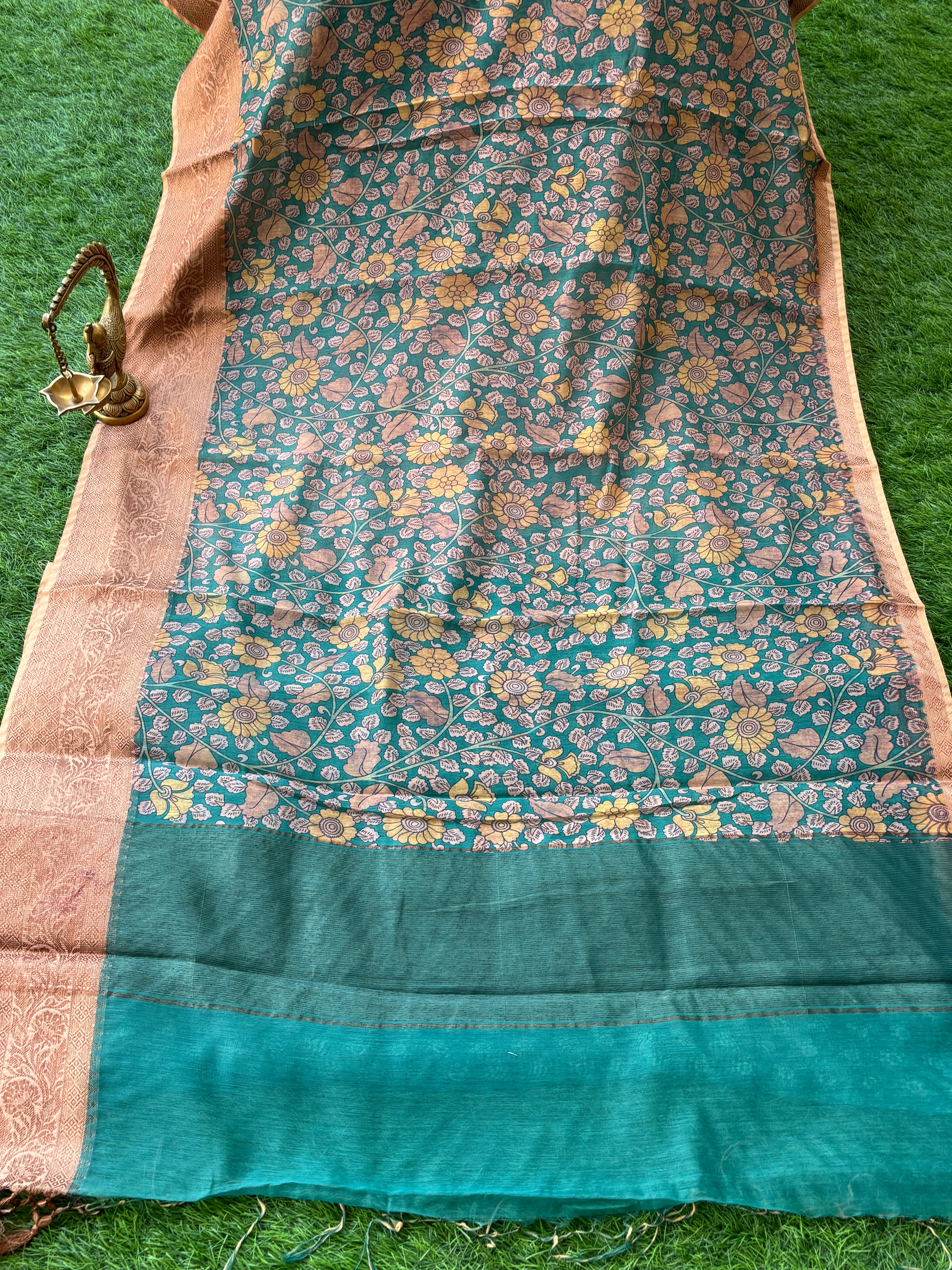 Sea Green Mercerized Cotton Saree with Allover Digital Print Butta | Chandrika Lifestyles