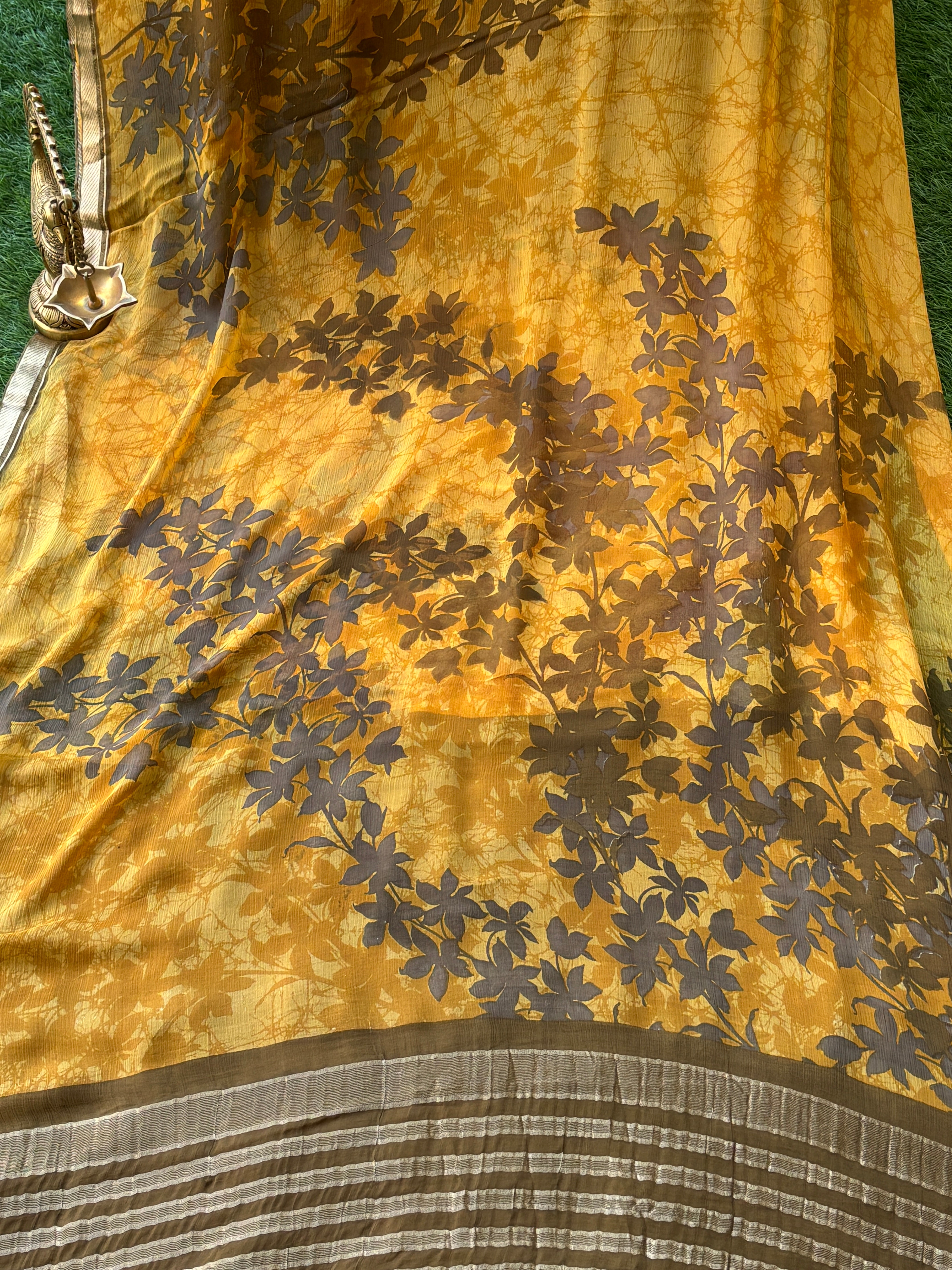 Mango Yellow Pure Georgette Printed Saree with Zari Border