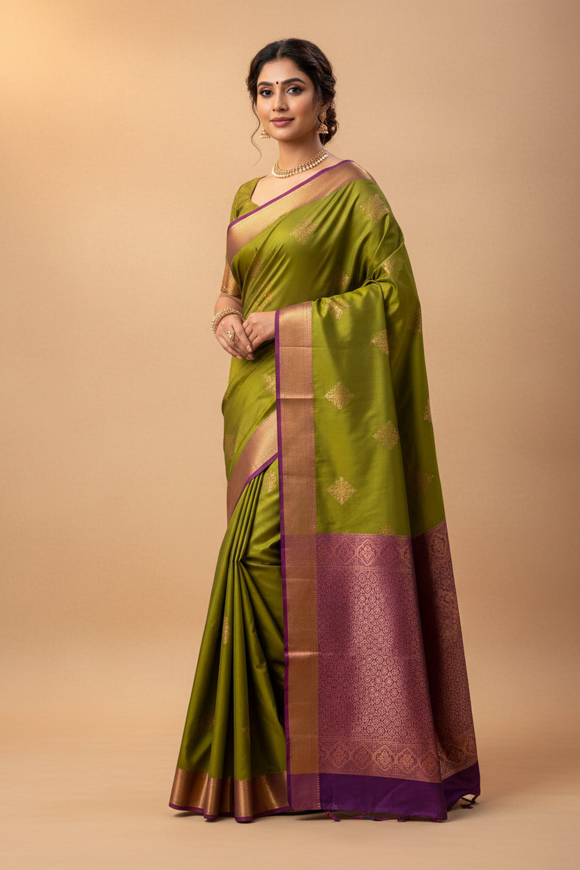 Royal Green Art Silk Kanjeevaram Saree with All-Over Zari Buttas & Purple Pallu