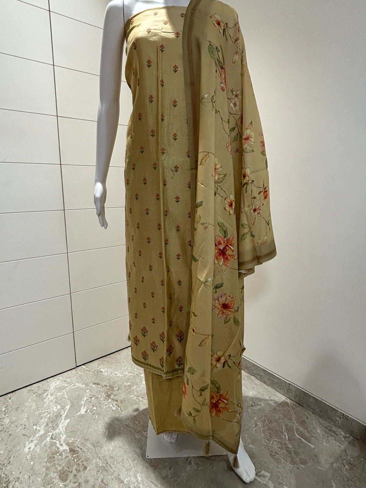 Pure Cotton Mehendi Green All-Over Embroidered Butti Suit Material with Digital Floral Printed Dupatta