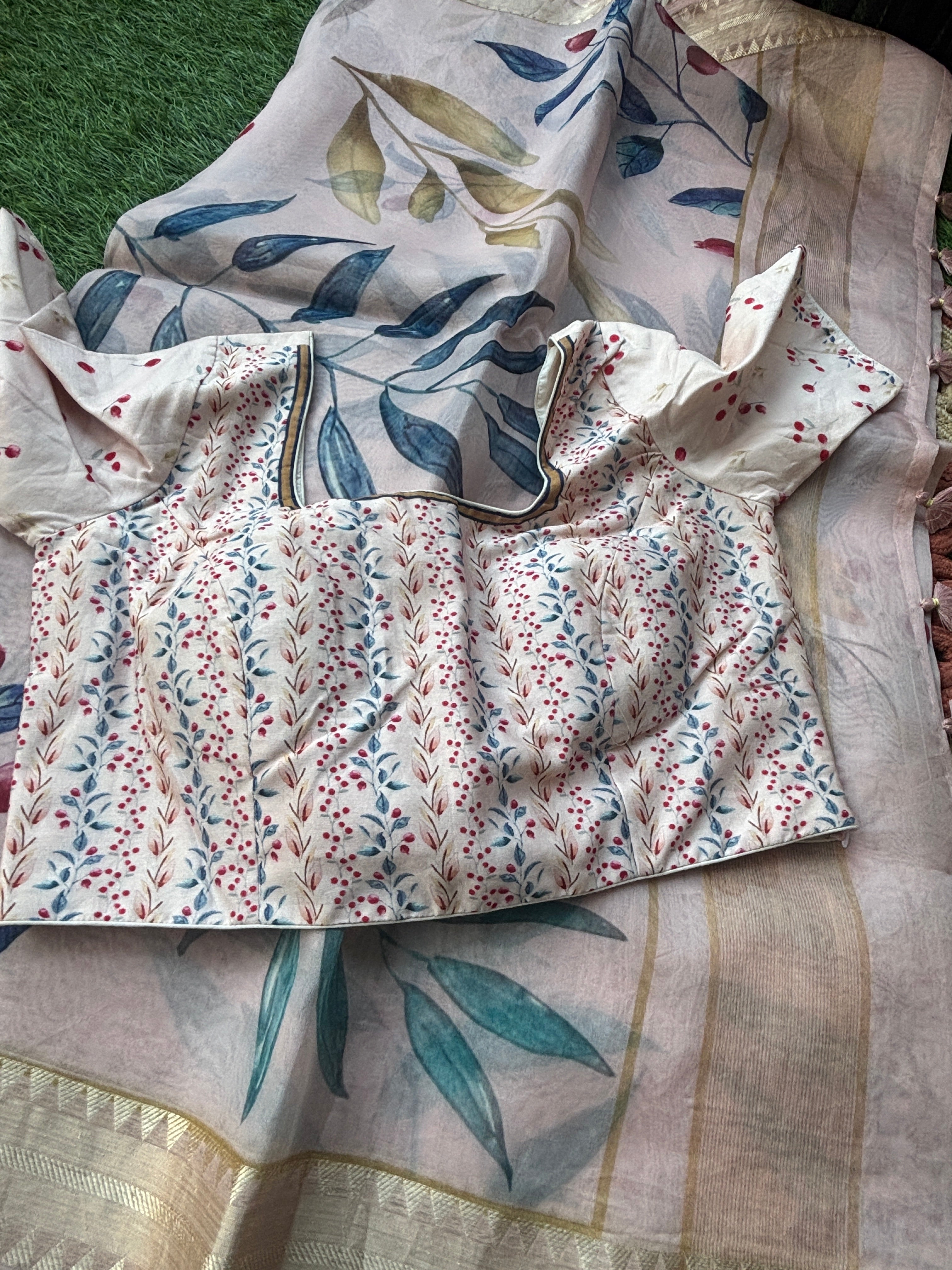 Baby Pink Pure Organza Digital Printed Saree with Readymade Blouse
