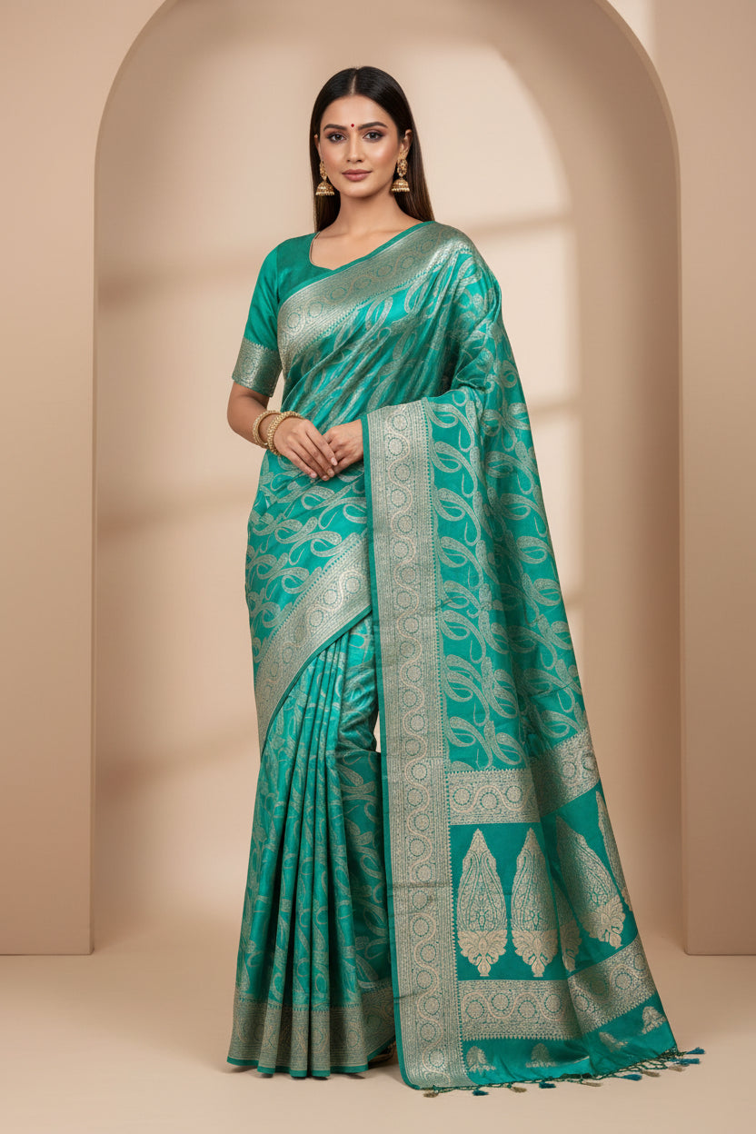 Model wearing sea green Katan silk Banarasi saree featuring full mango motifs weaving and rich silver zari broad border, elegant festive and party wear by Chandrika Lifestyles.