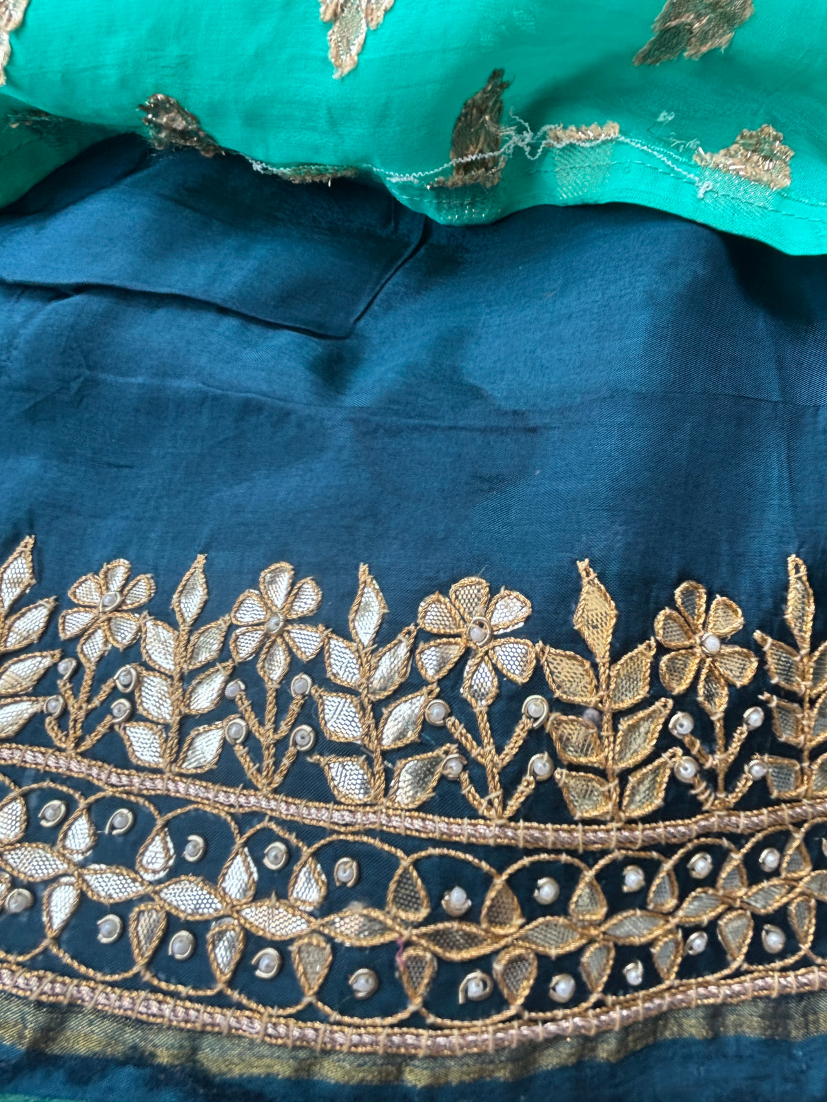 Royal Sea Green Pure Muga Silk Saree with Gota Patti Border & Buta Work (Blue Blouse)