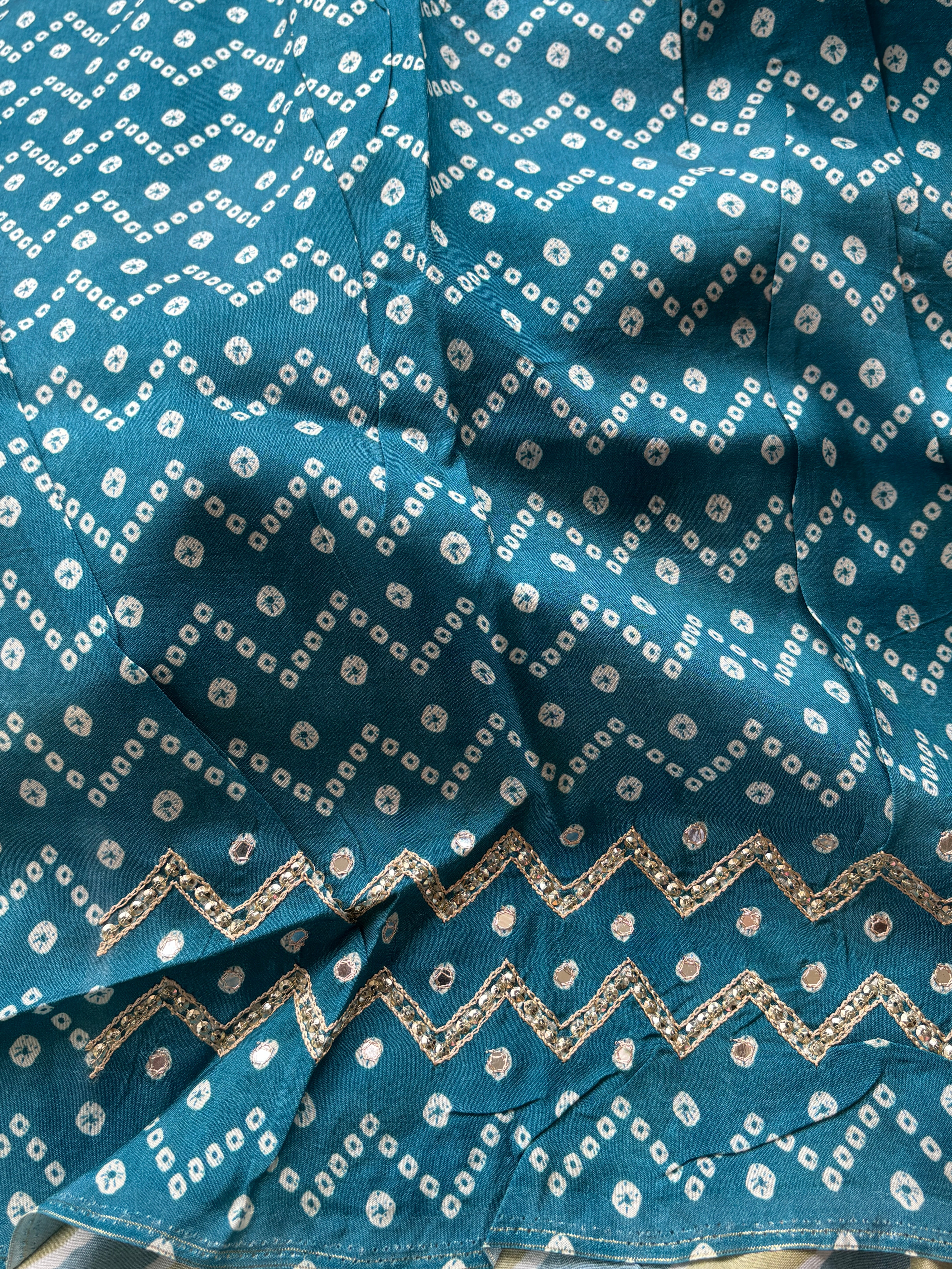 Multicolor Pure Crape Silk Leheriya Saree with Mirror Work | Chandrika Lifestyles