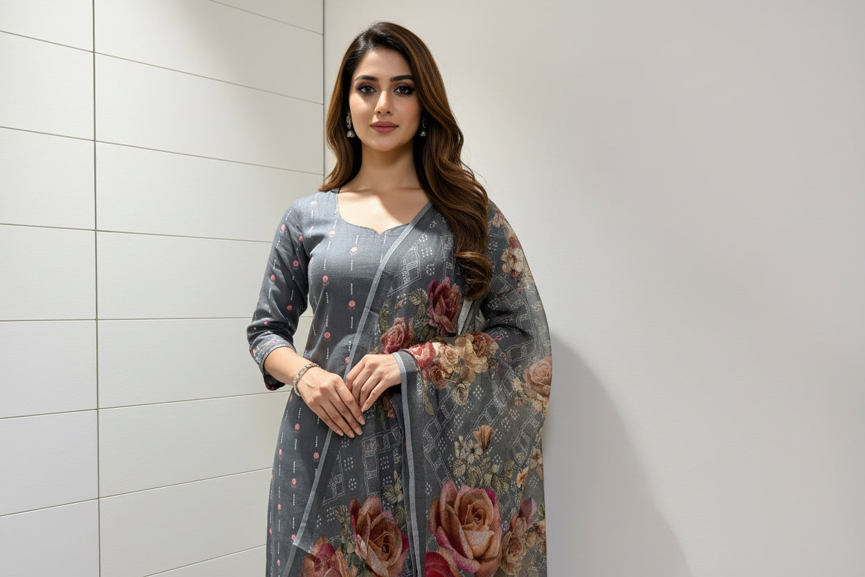 Chandrika Lifestyles | Grey Linen Suit – Floral Dupatta