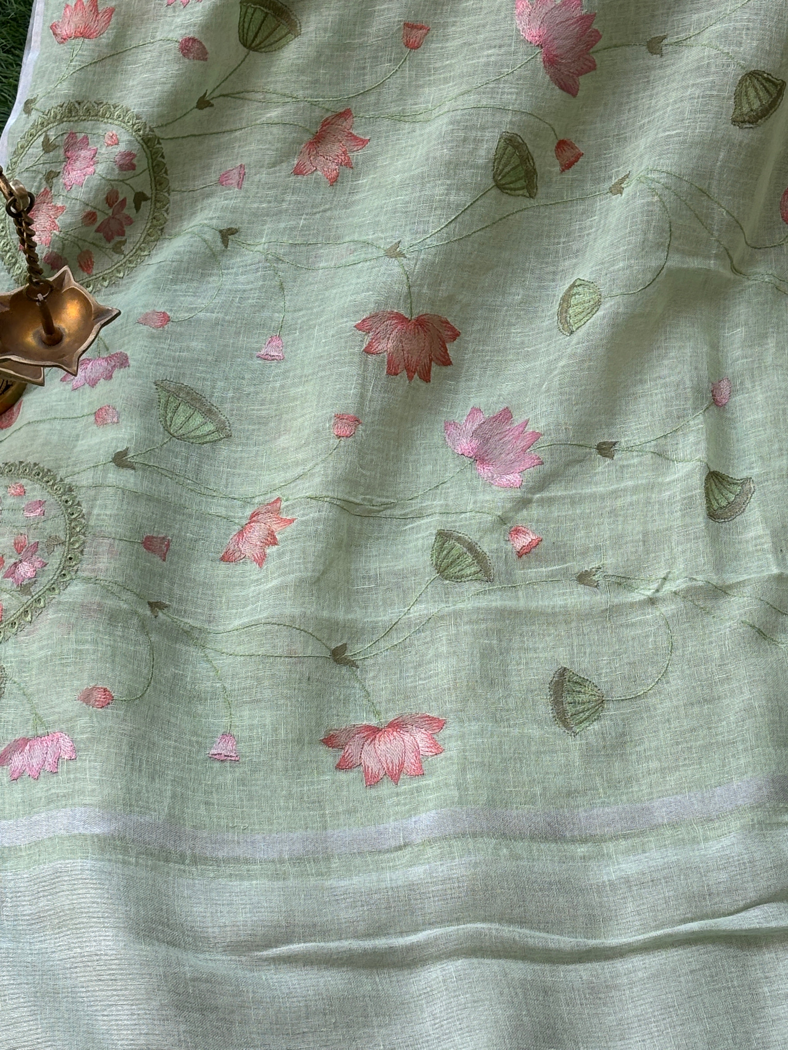Pista Green Pure Linen Saree with Embroidery and Pink Contrast Blouse