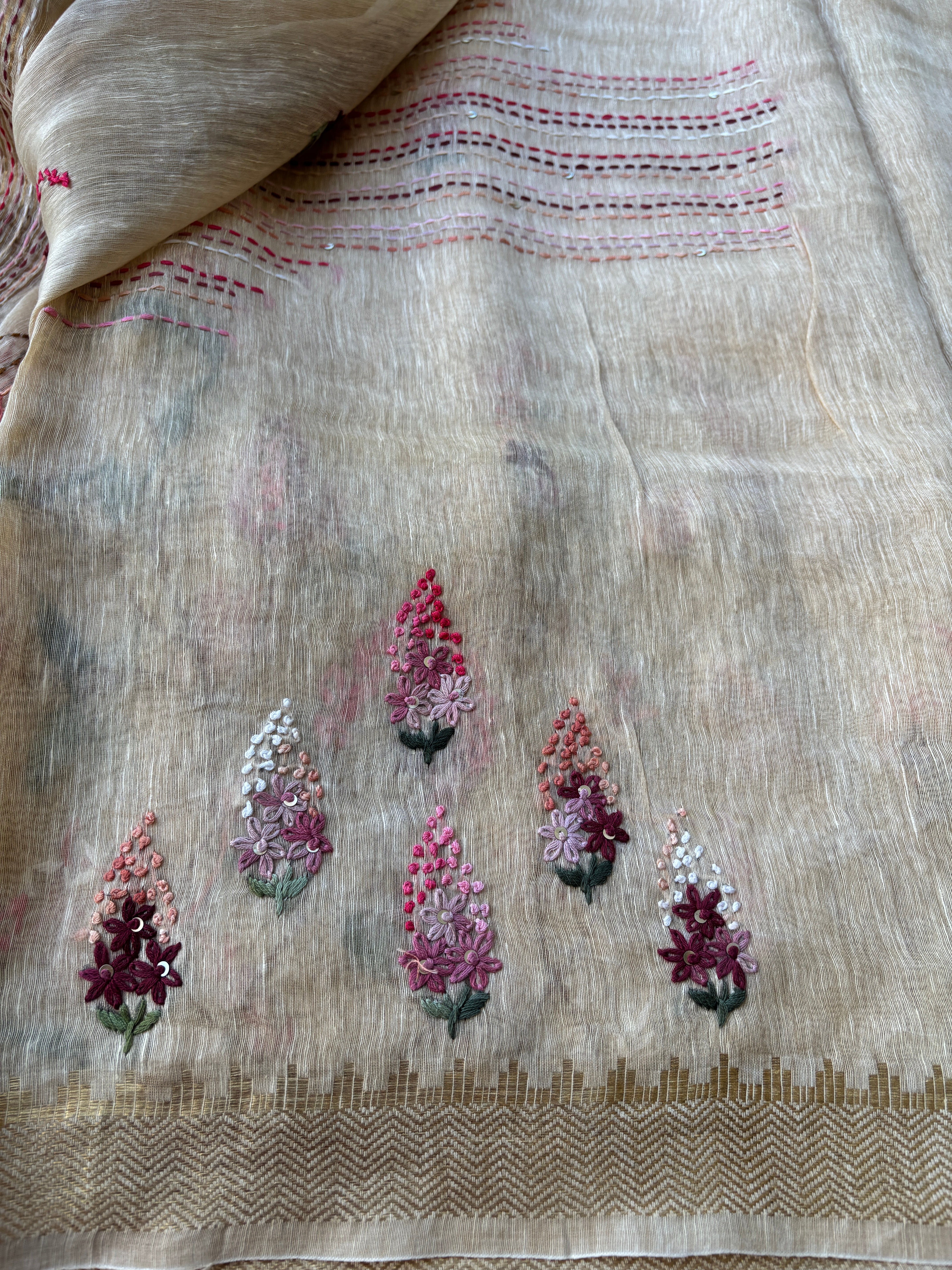 Off-White Pure Linen Saree with Allover Floral Embroidery | Chandrika Lifestyles