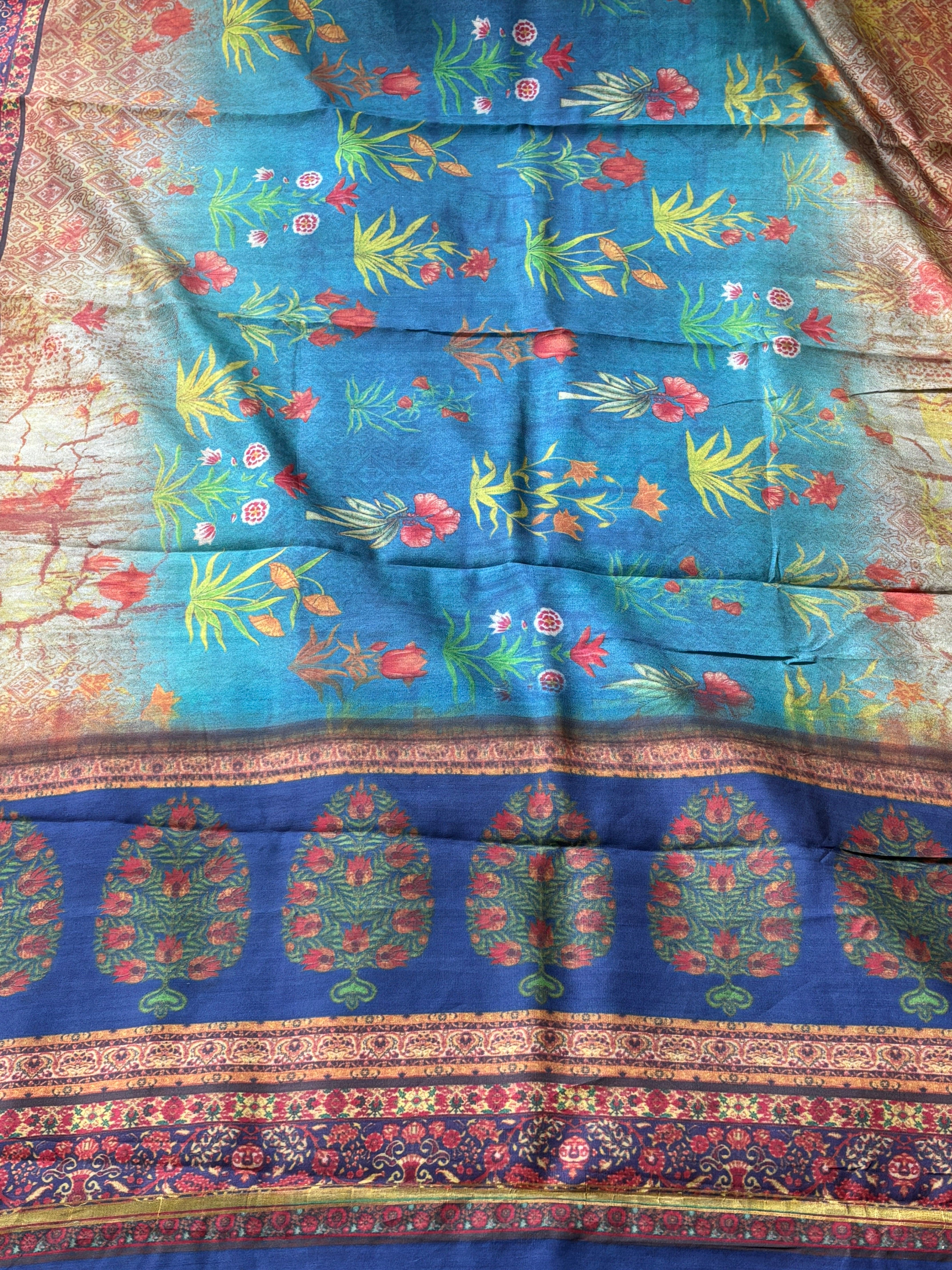 Ocean Blue Munga Silk Saree with Allover Digital Print | Chandrika Lifestyles
