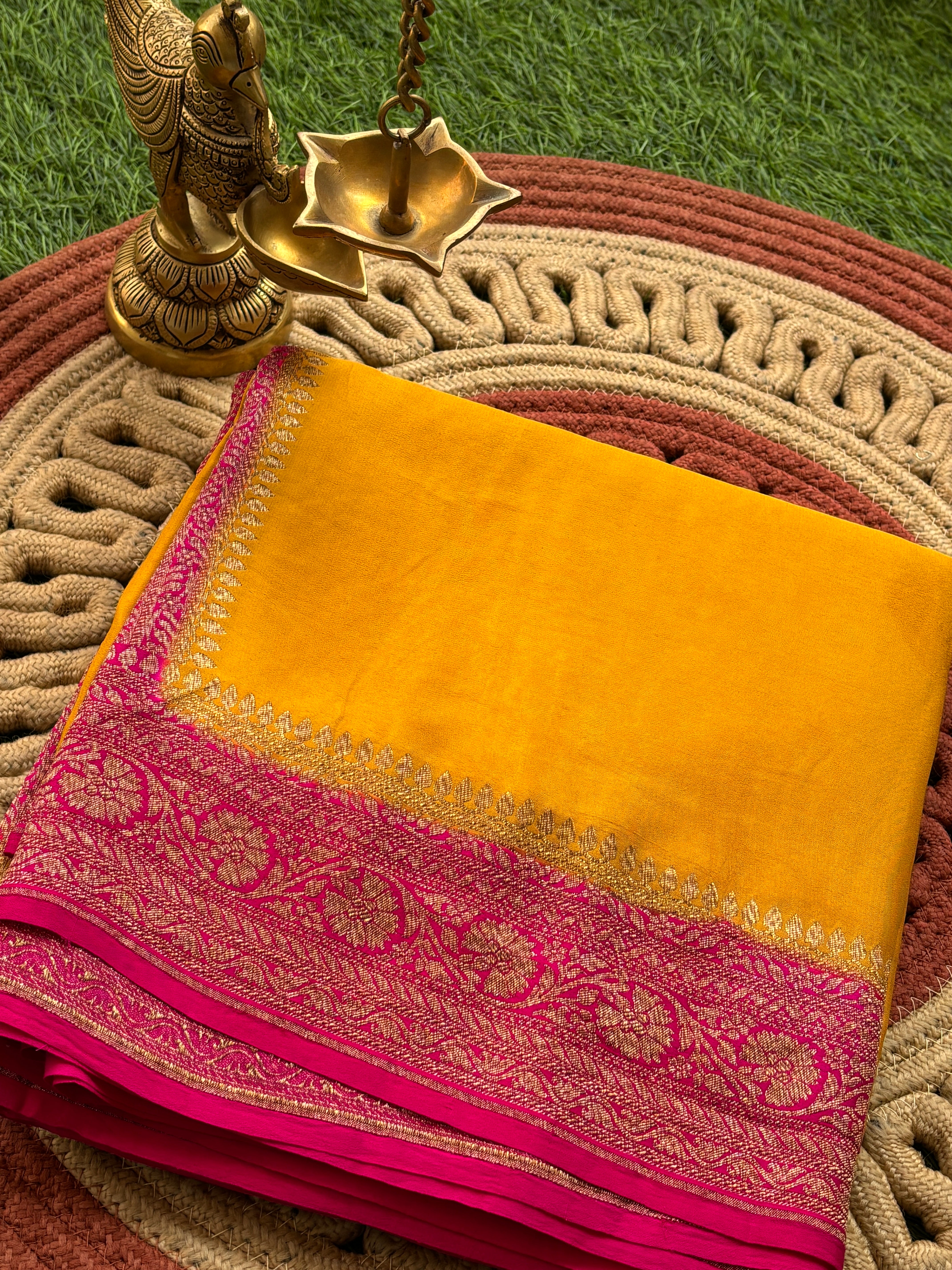 Mango Yellow Pure Banarasi Khaddi Crepe Silk Saree with Pink Border & Pallu | Chandrika Lifestyles