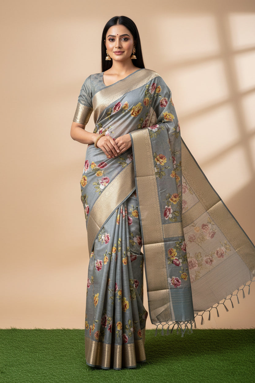 Pure Georgette Banarasi Saree with Broad Zari Border & Grey Floral Digital Print