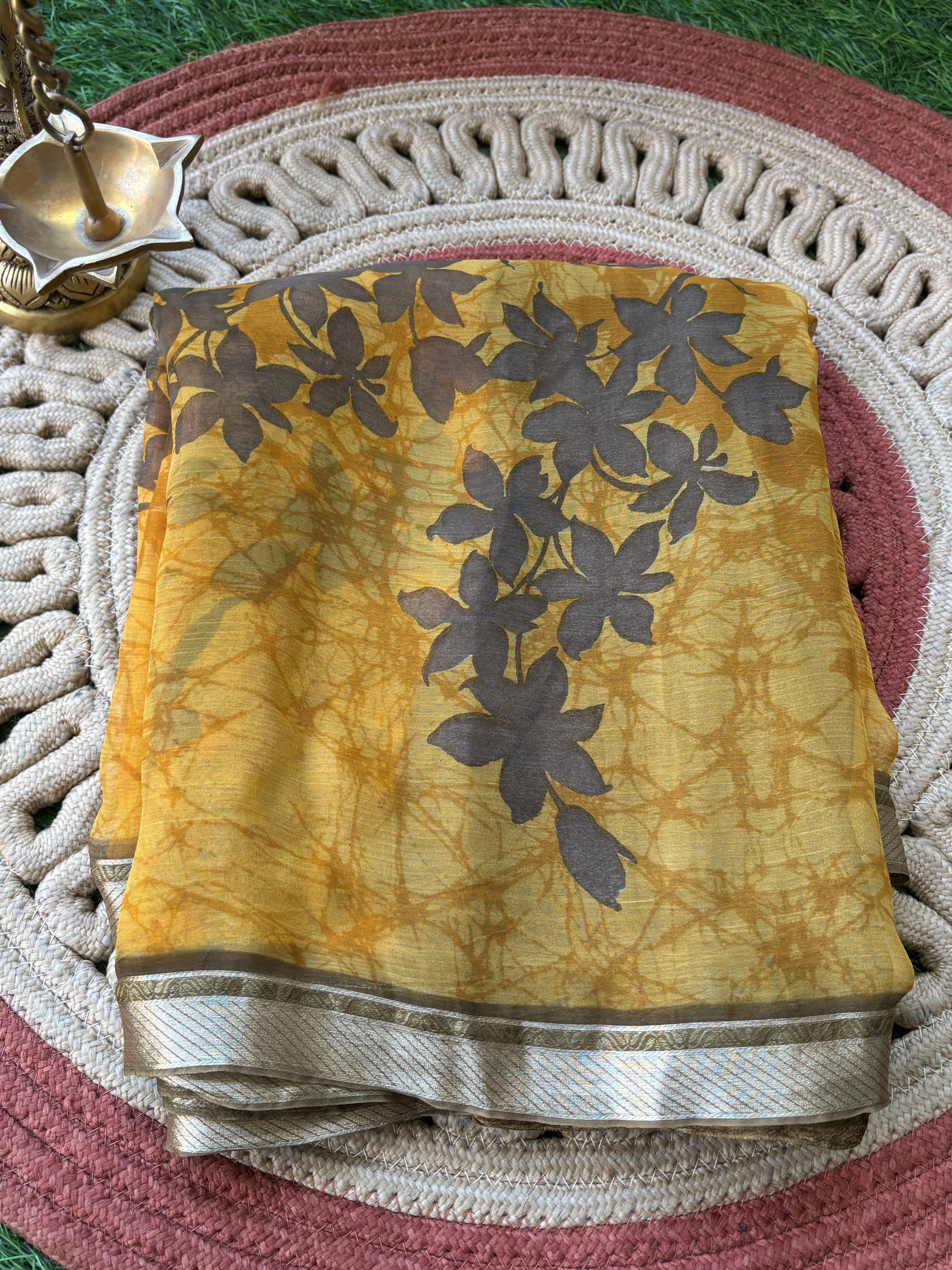 Mango Yellow Pure Georgette Printed Saree with Zari Border