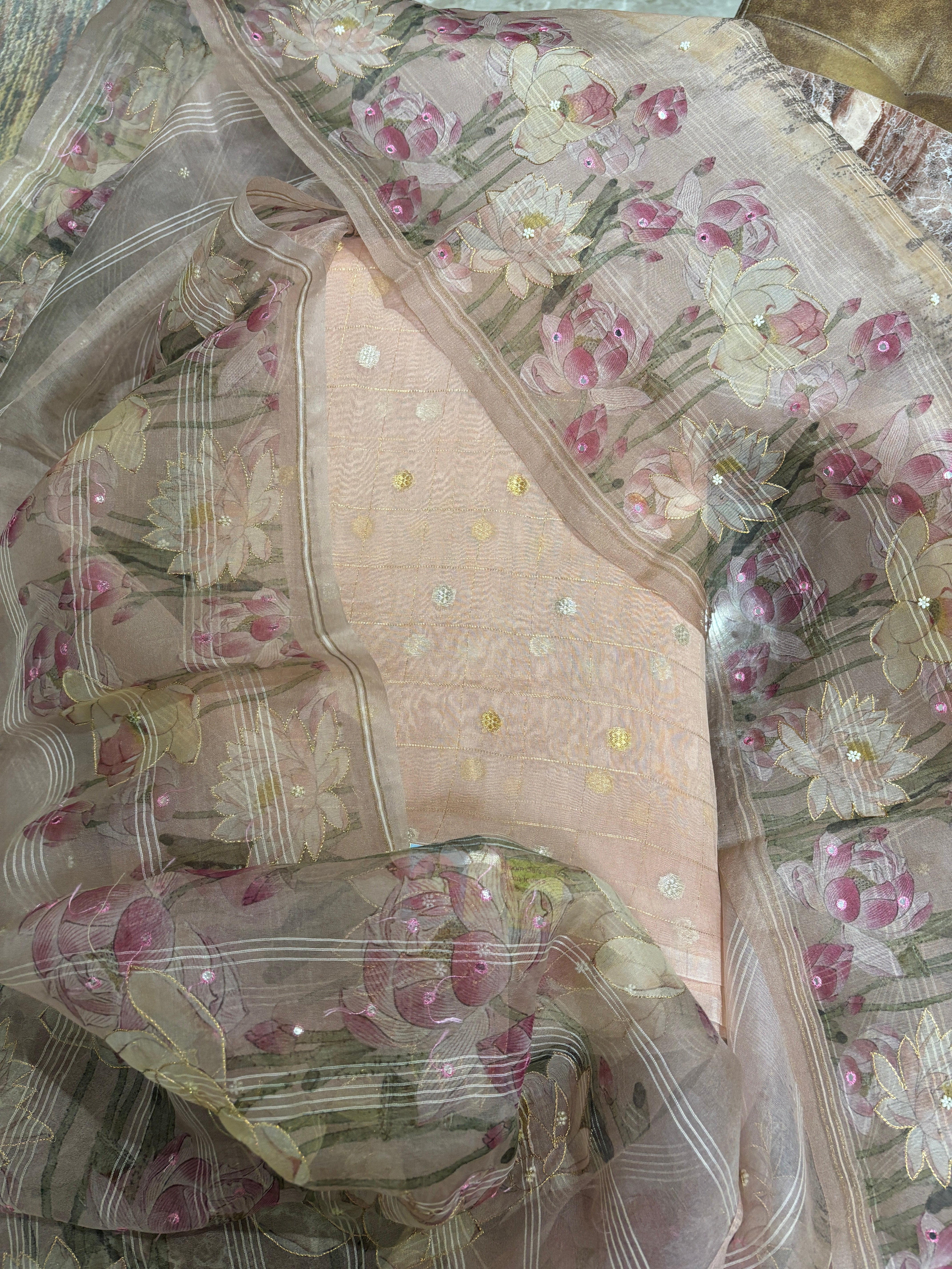 Pure Organza Silk Suit Material in Fresh Peach with Zari Weaving Checks, Sona Rupa Bootas & Digital Printed Organza Dupatta