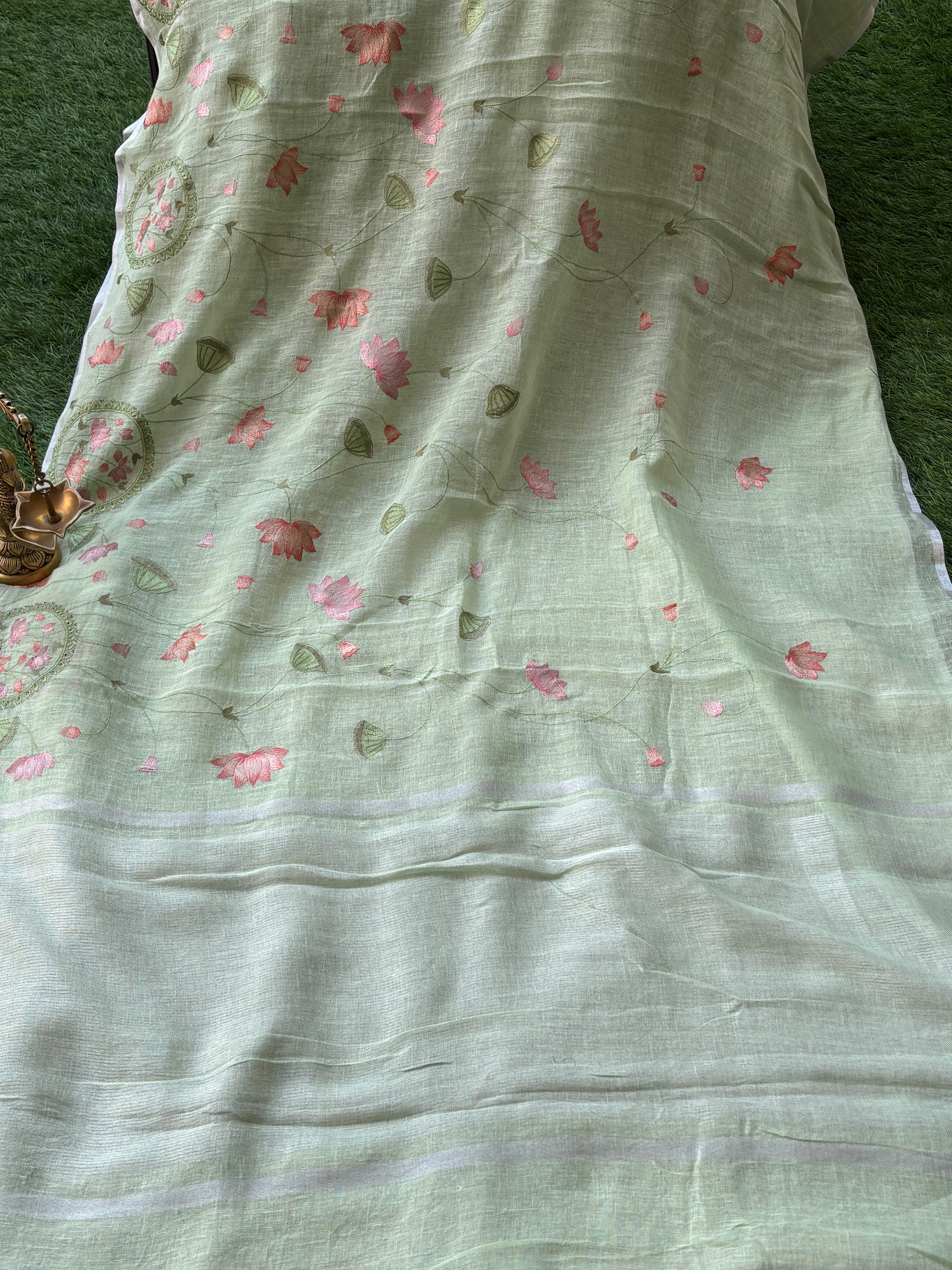 Pista Green Pure Linen Saree with Embroidery and Pink Contrast Blouse