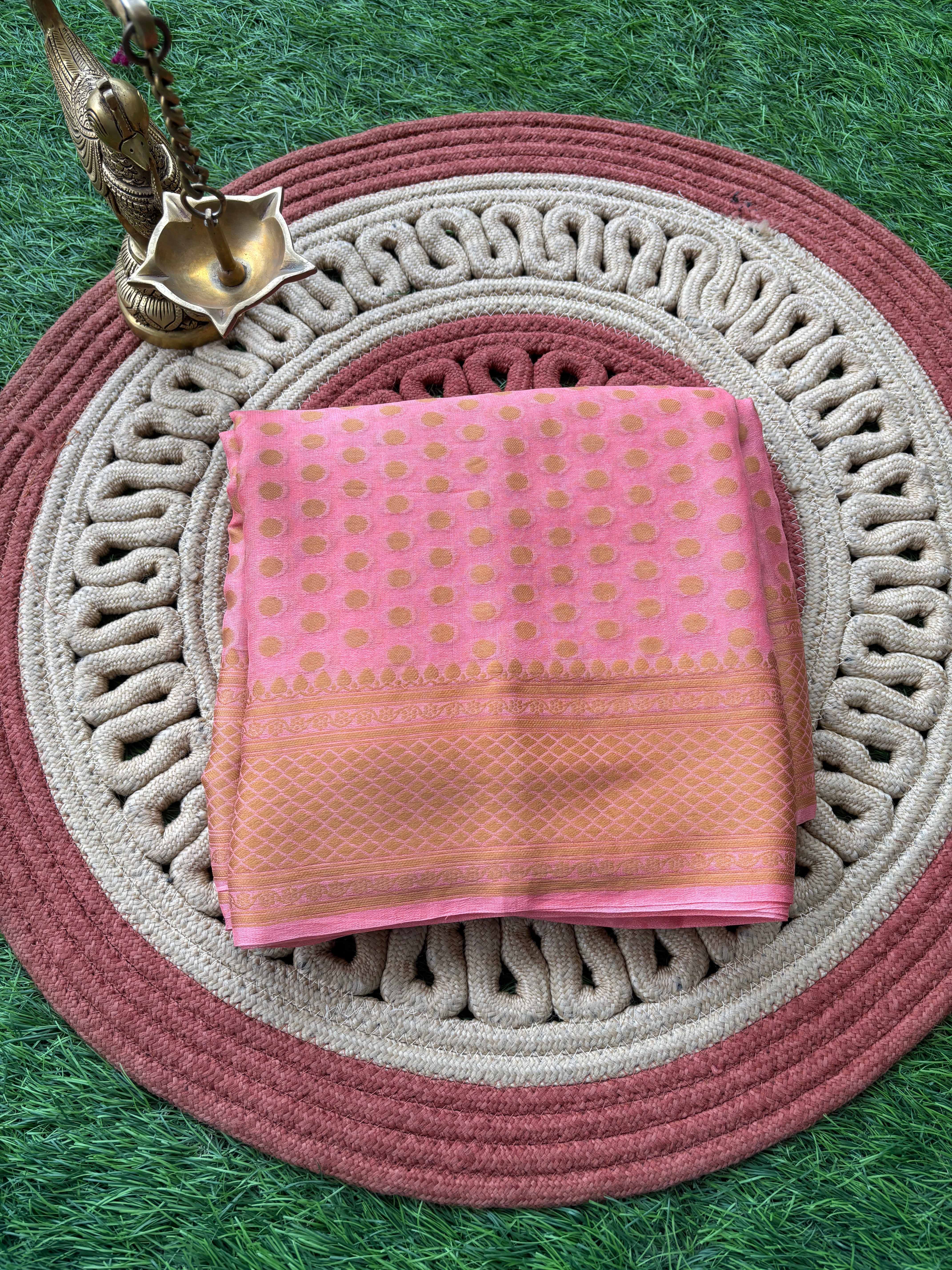 Peach Pink Banarasi Khaddi Chiffon Saree with Allover Resham Weaving | Chandrika Lifestyles