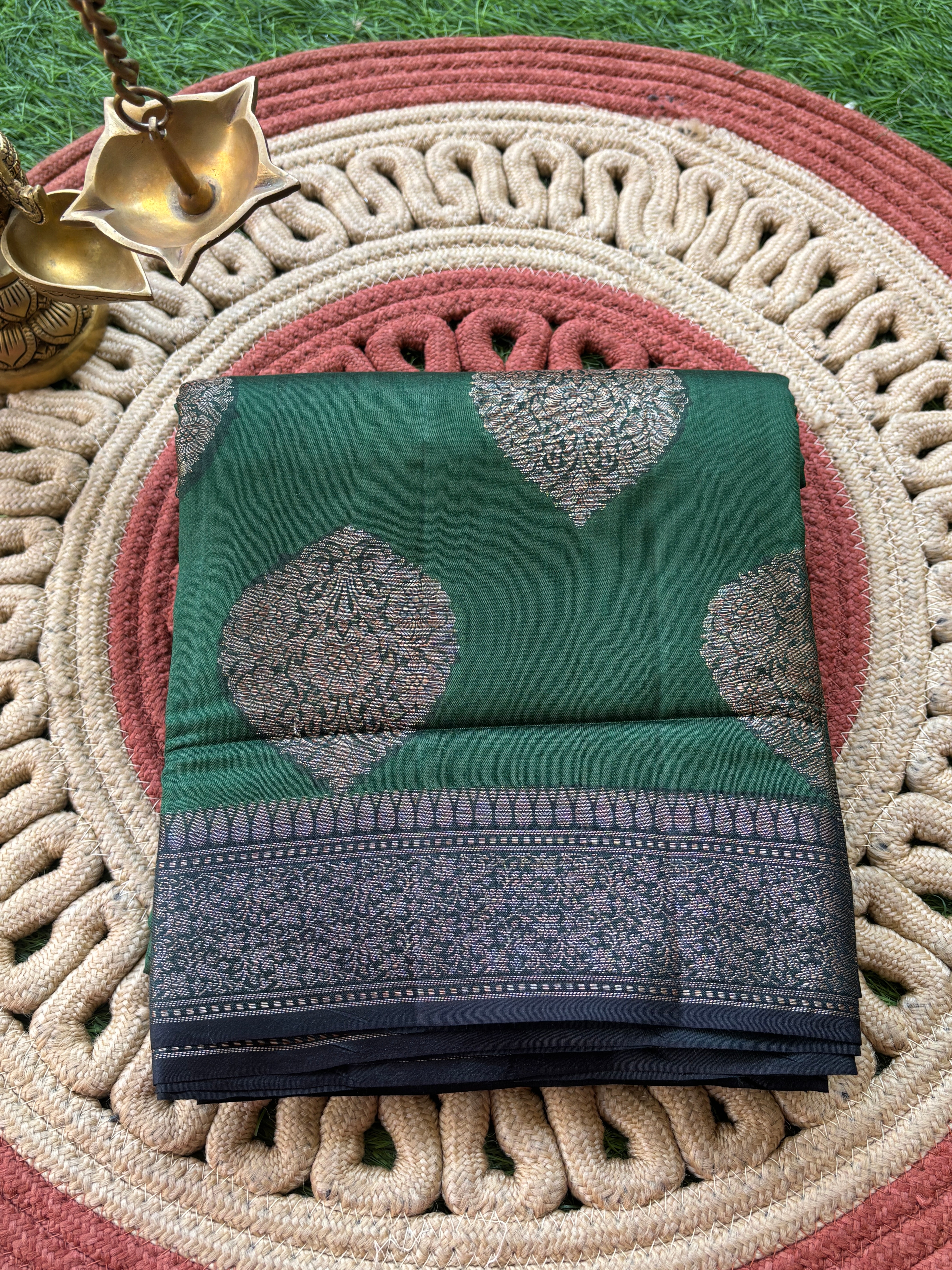 Pure Tussar Silk Bright Bottle Green Saree with Black Zari Woven Border and Brocade Blouse