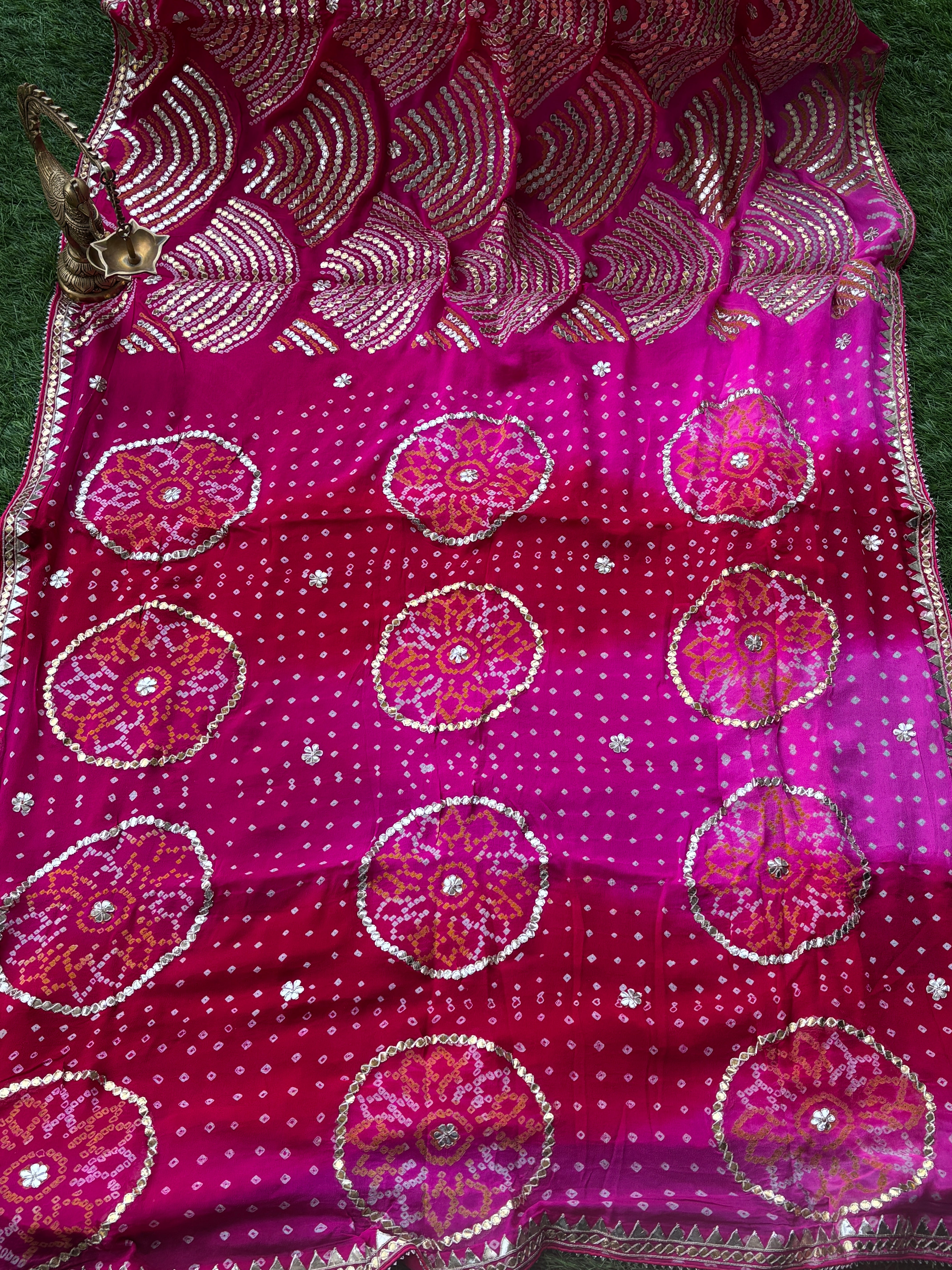 Red Pink Pure Chiffon Bandhej Saree with Boota Patti Border | Chandrika Lifestyles