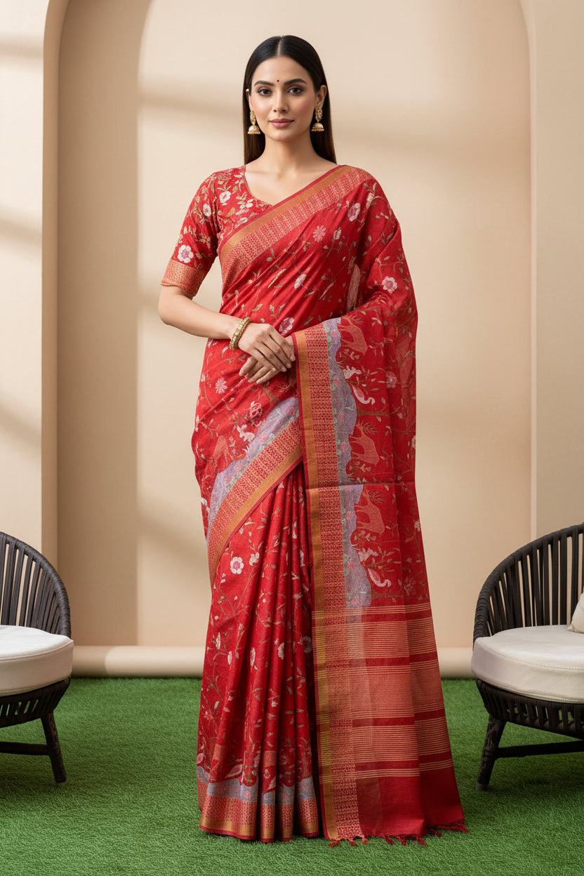 Model wearing Brick Red Pure Desi Tussar Silk Saree with All Over Thread Embroidery
