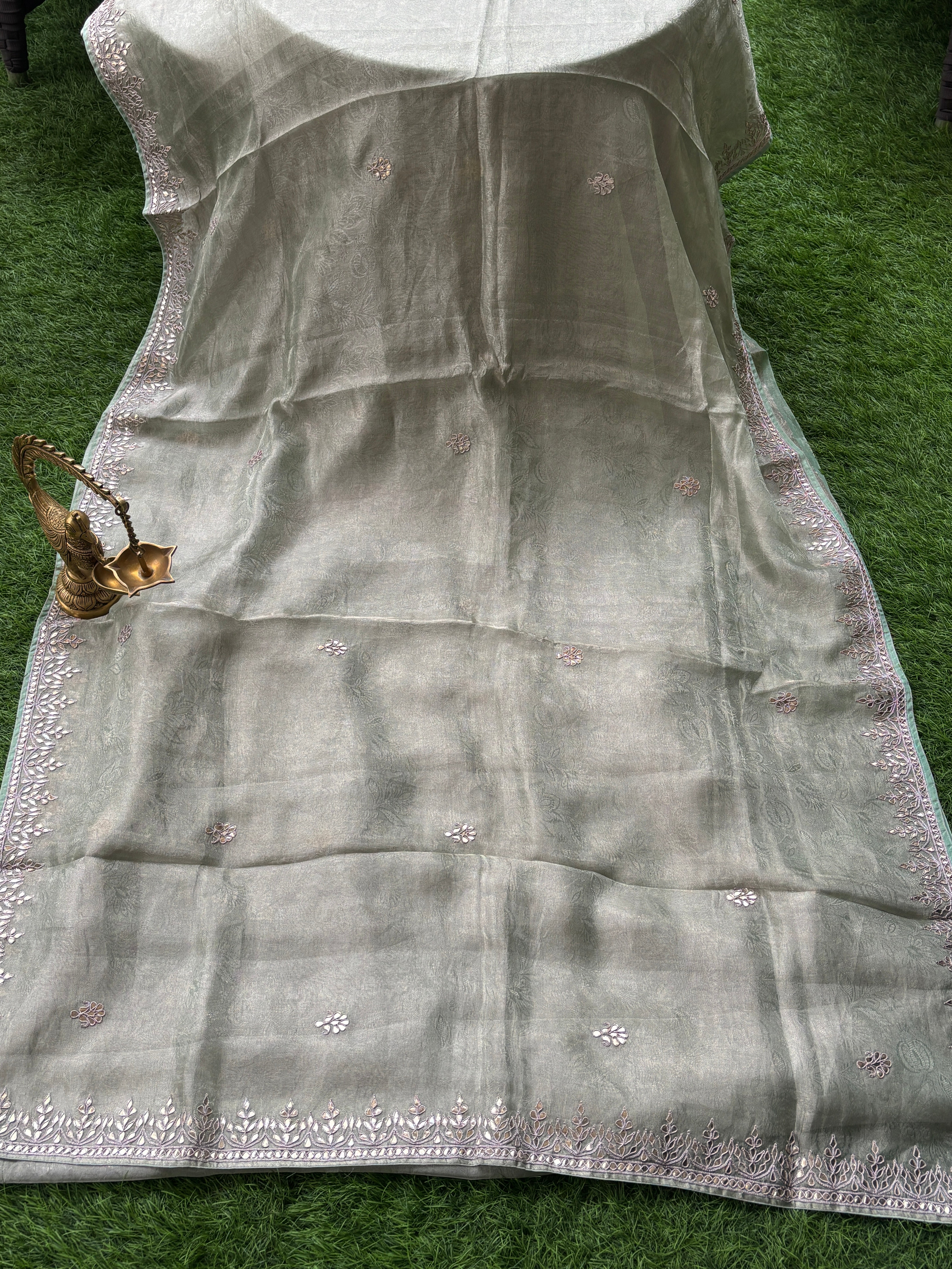 Elegant Pista Pure Tissue Silk Saree with Gota Buttas & Designer Gota Border
