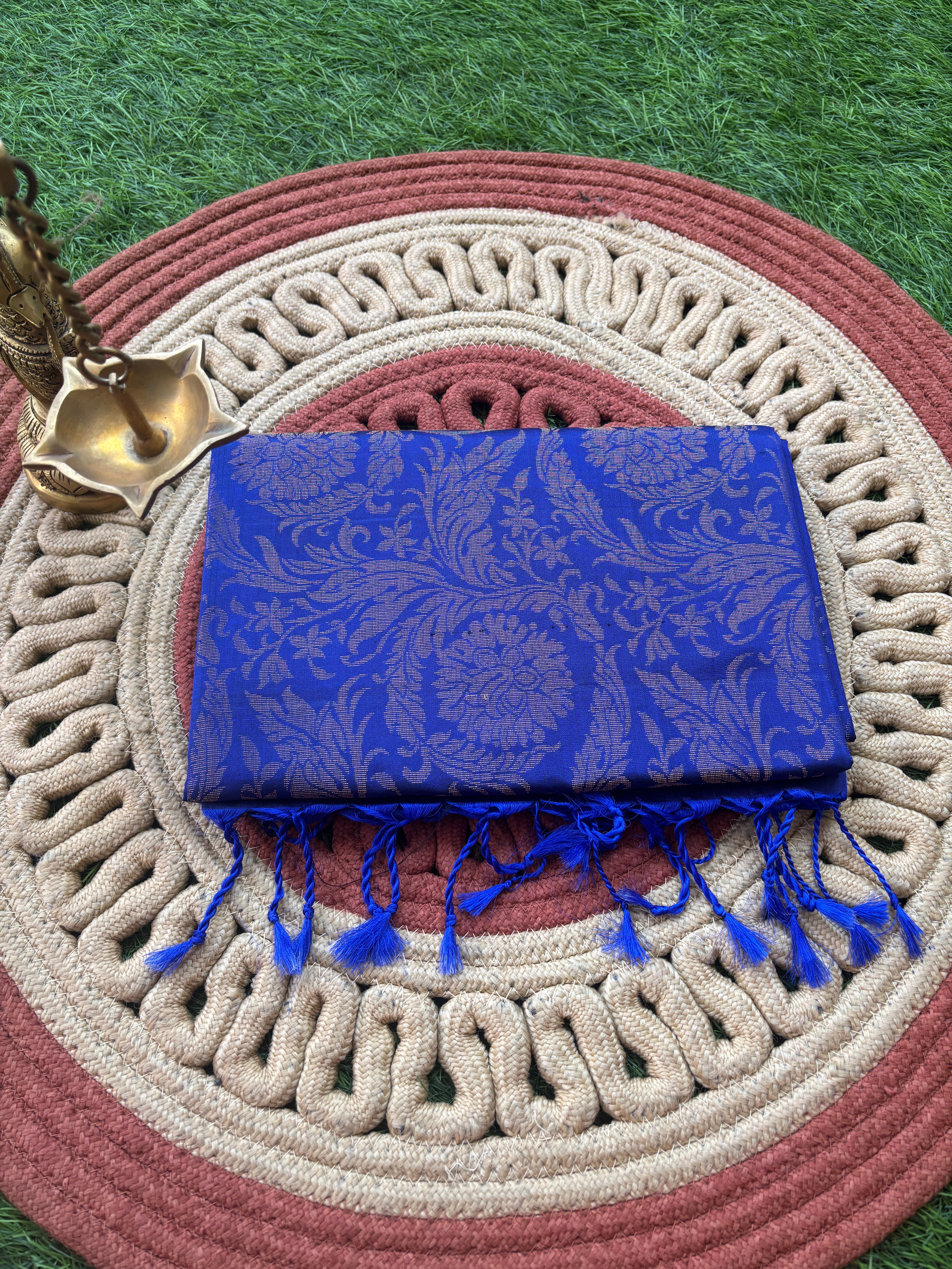 Pure Silk Kanjivaram Royal Blue Borderless Saree with Versace Inspired Weaved Buttas