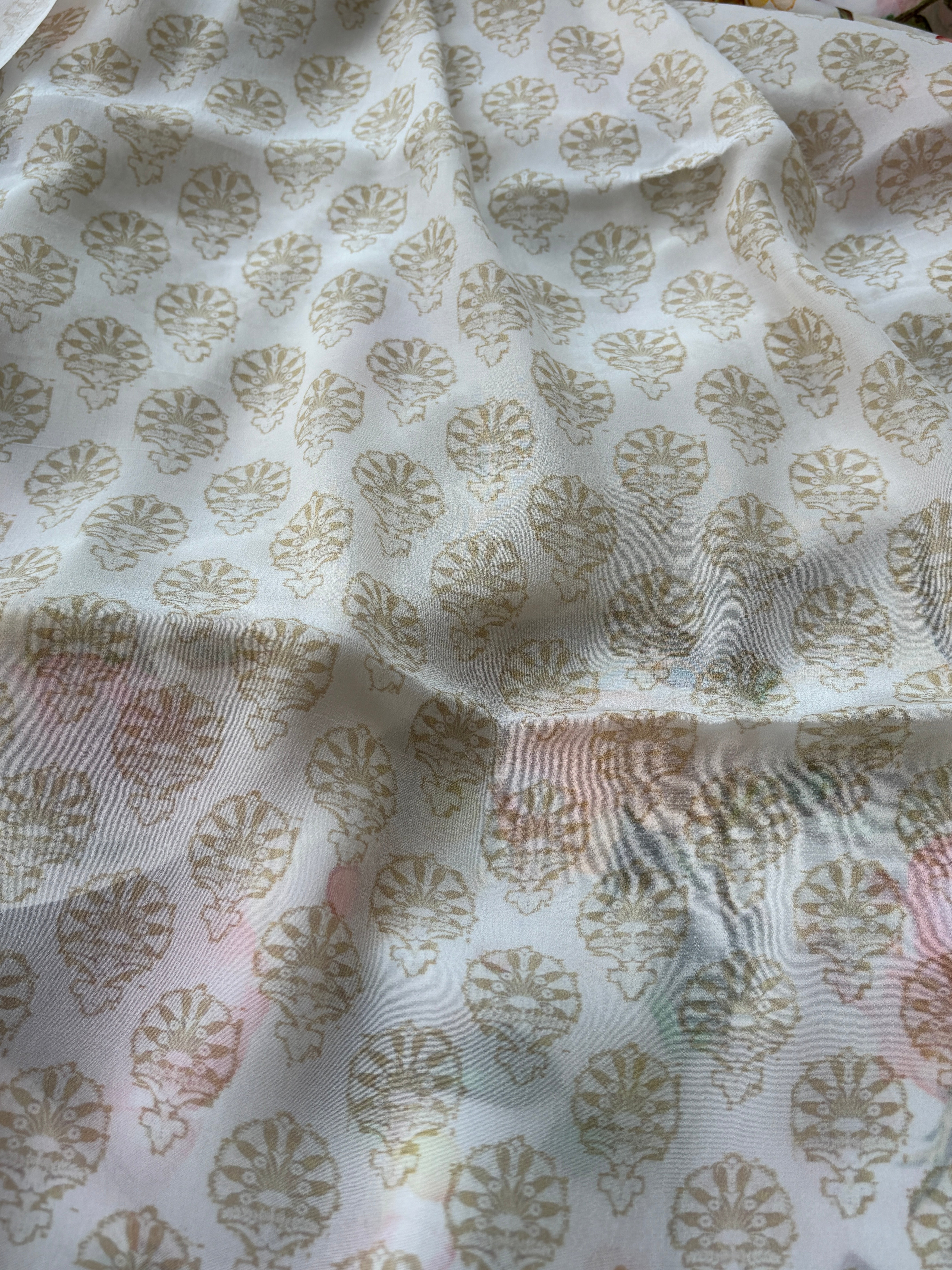 Off White Pure Crepe Silk Saree with Floral Digital Print