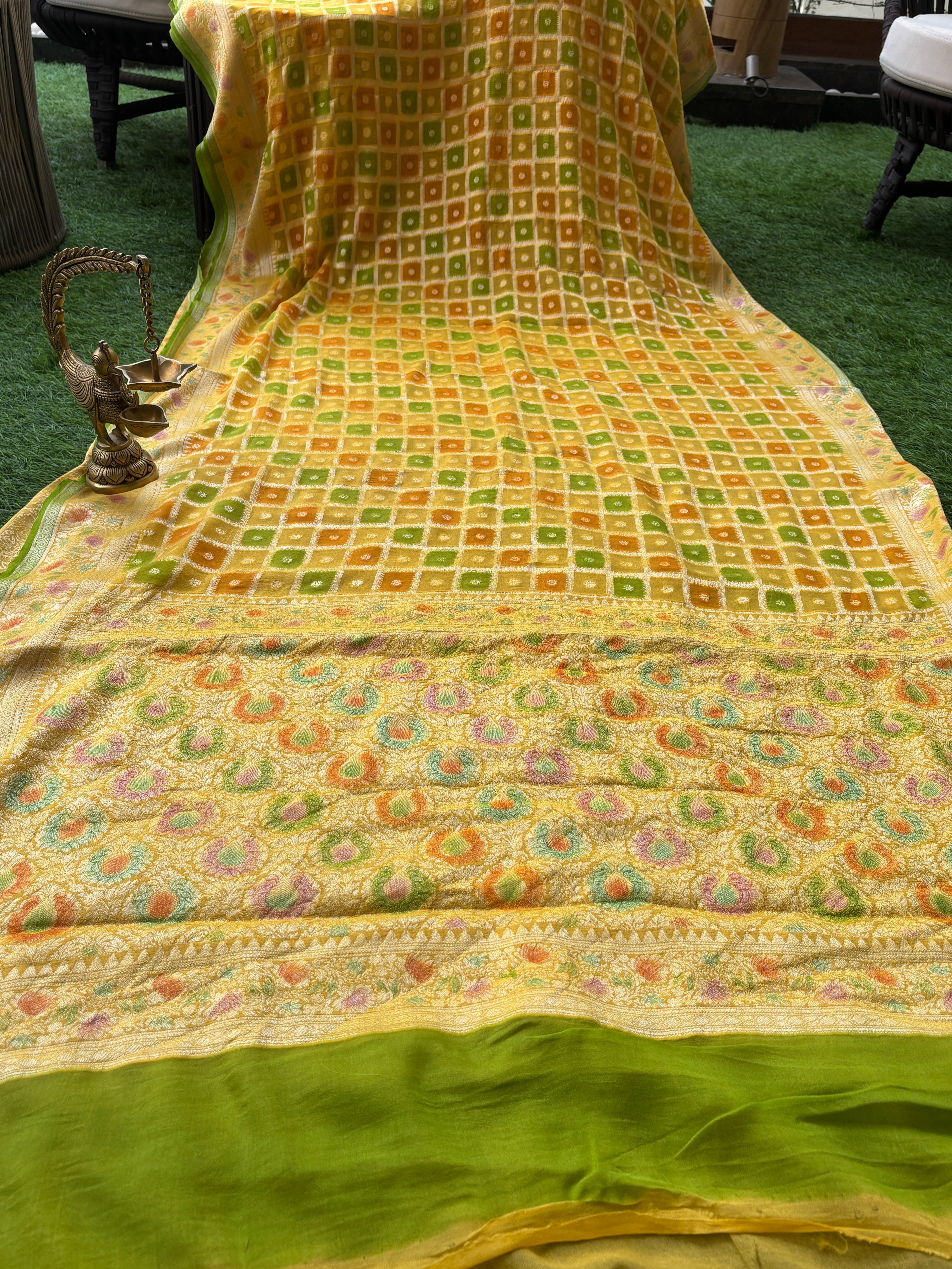 Lemon Yellow Khaddi Georgette Banarasi Saree with Allover Gharchola Design | Chandrika Lifestyles