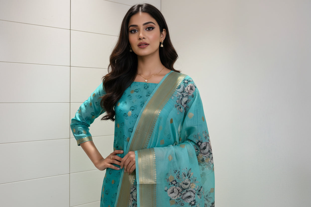 Sea Blue Banarasi Silk Suit Material with Floral Embroidery & Golden Border