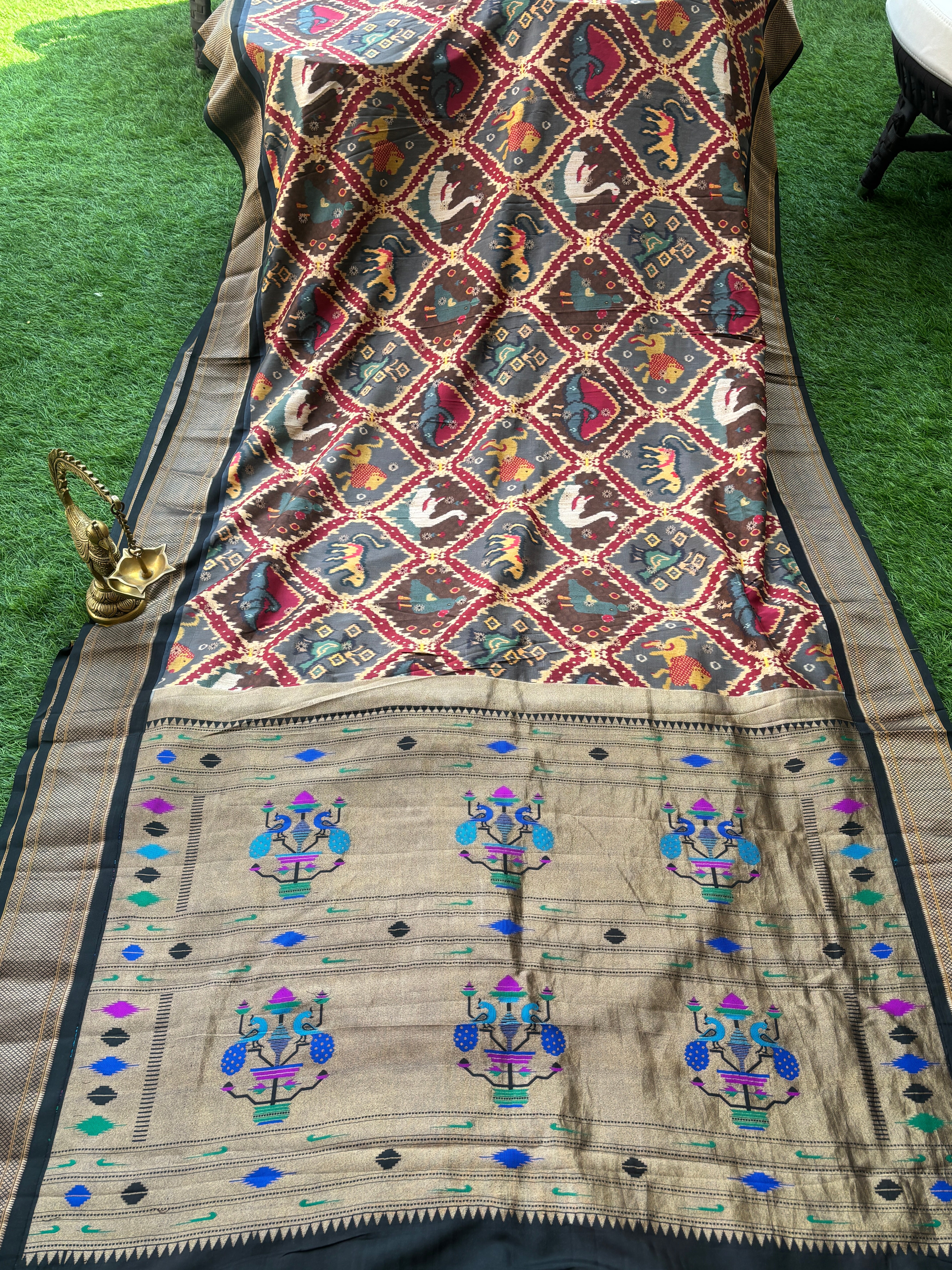 Pure Silk Black Paithani Saree with Brown Ikat Weaving and Traditional Paithani Border & Pallu