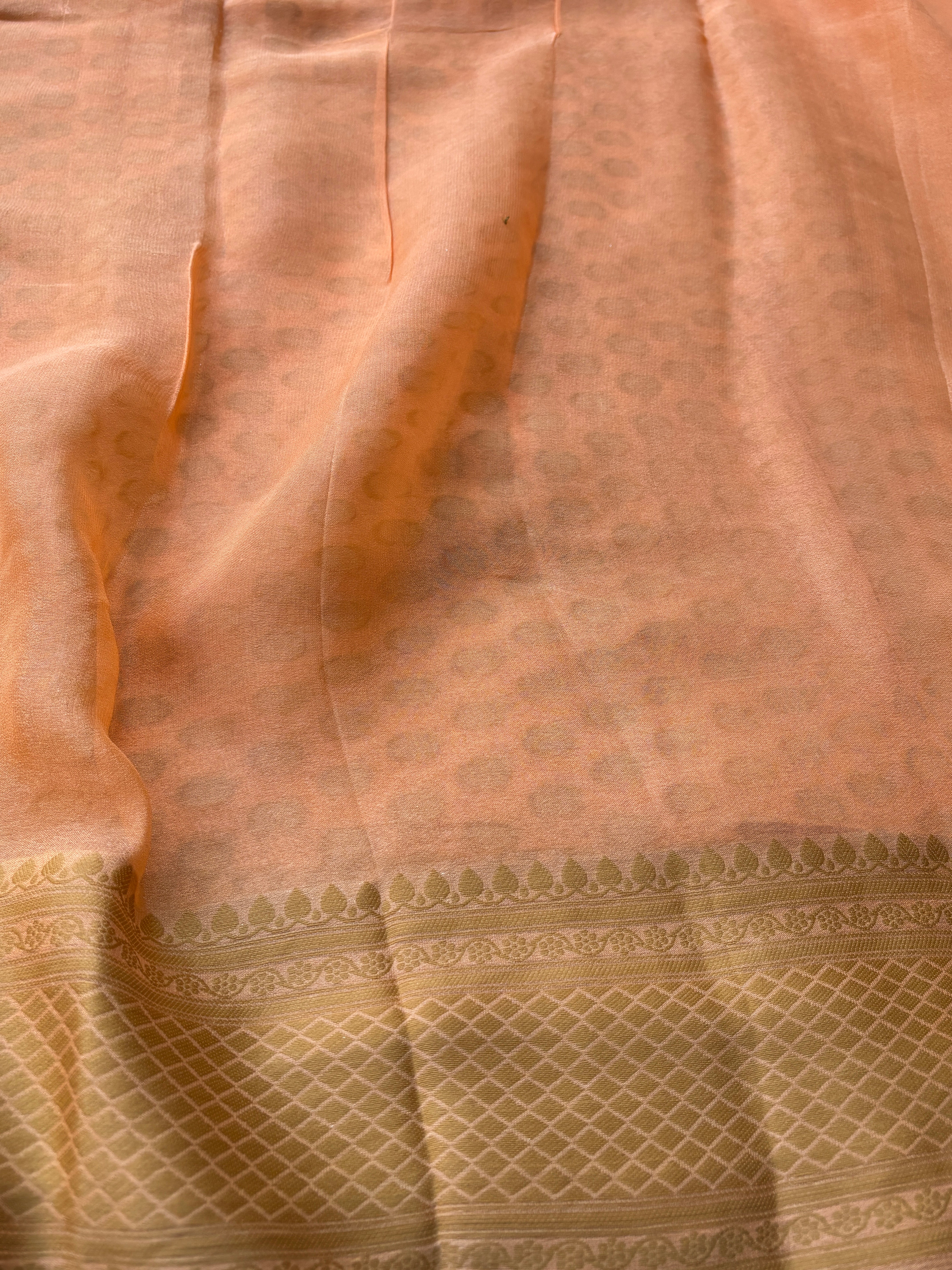 Peach Banarasi Pure khaddi Chiffon Saree with Resham Weaving Border and Buttas