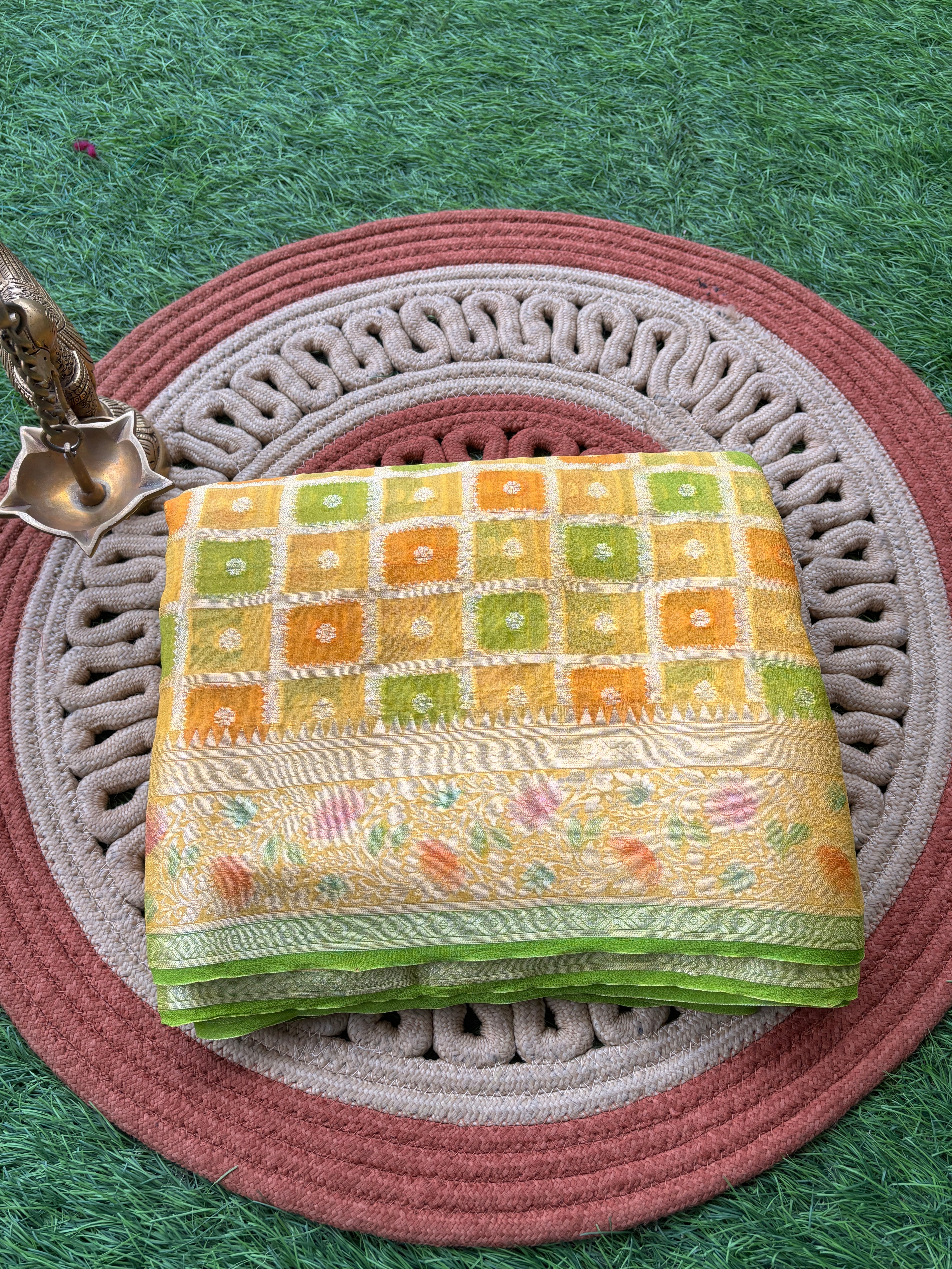Lemon Yellow Khaddi Georgette Banarasi Saree with Allover Gharchola Design | Chandrika Lifestyles