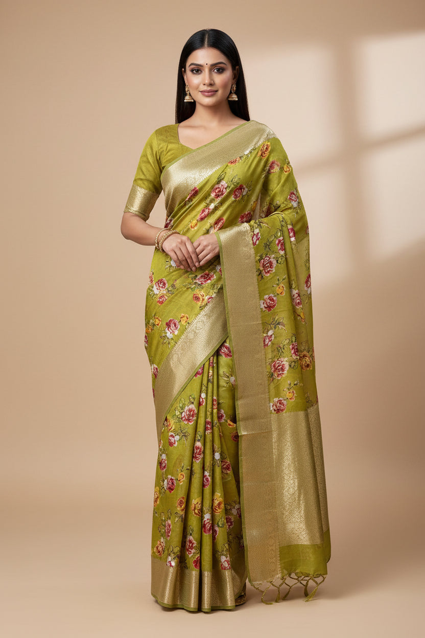 Pista Green Pure Georgette Saree with Broad Zari Woven Border & Digital Print