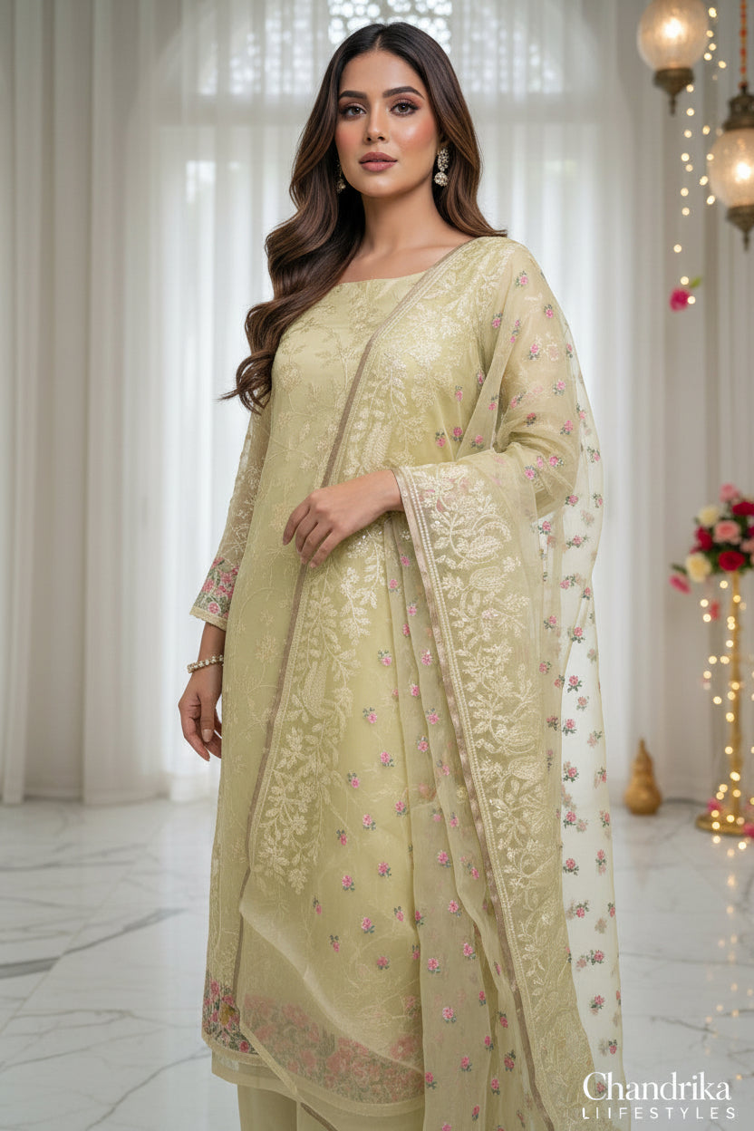 Pure organza suit material with thread embroidered