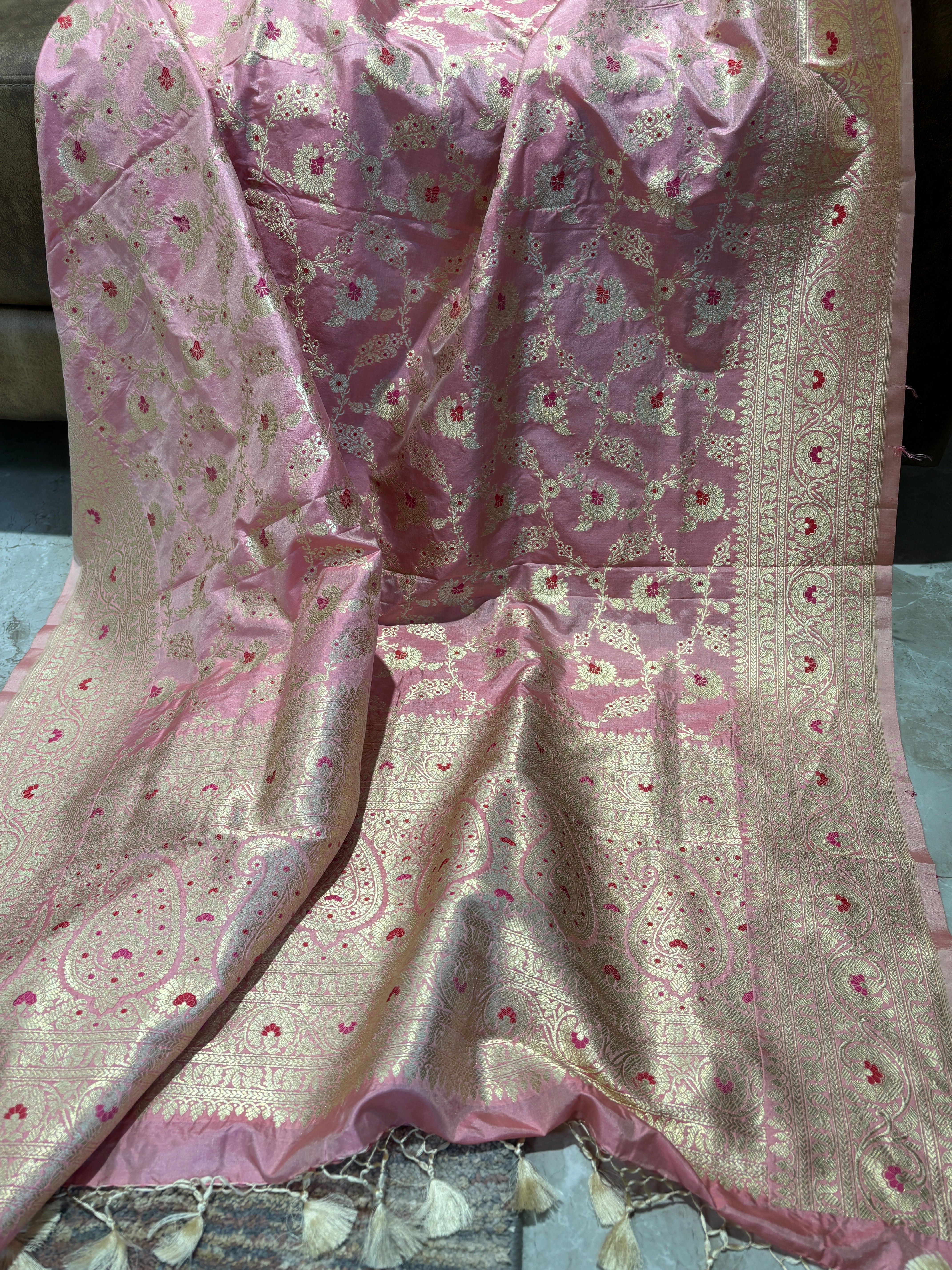 Pure Silk Banarasi Handwoven Baby Peach Pink Dupatta