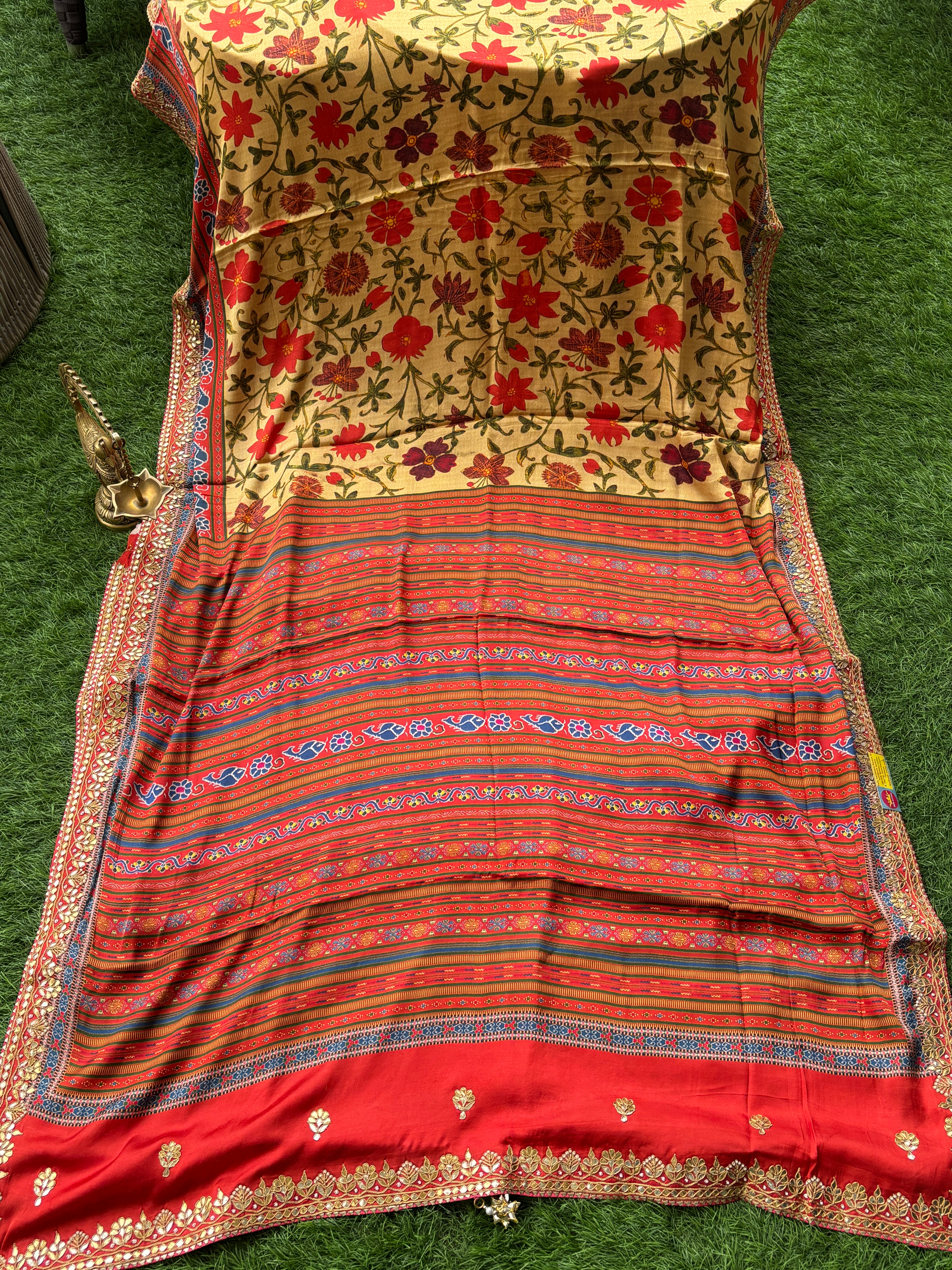 Elegant Brick Red Pure Crepe Silk Saree with Gota Work Border & Digital Floral Print