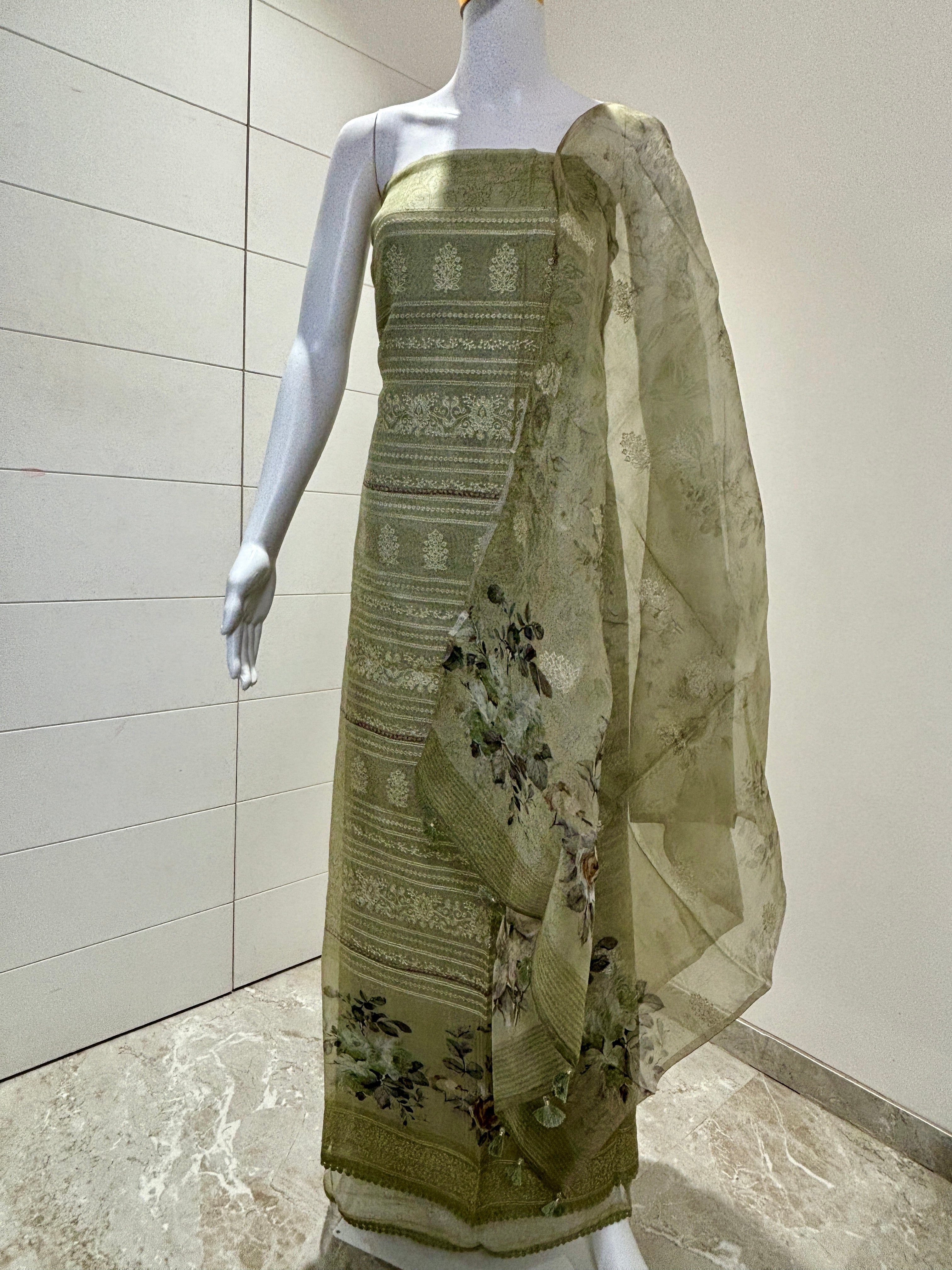 Festive pastel Mehendi Green Organza Suit Material with Digital Print, Thread Embroidery & Crochet Lace Border . Festival wear , ethic wear , indian wear