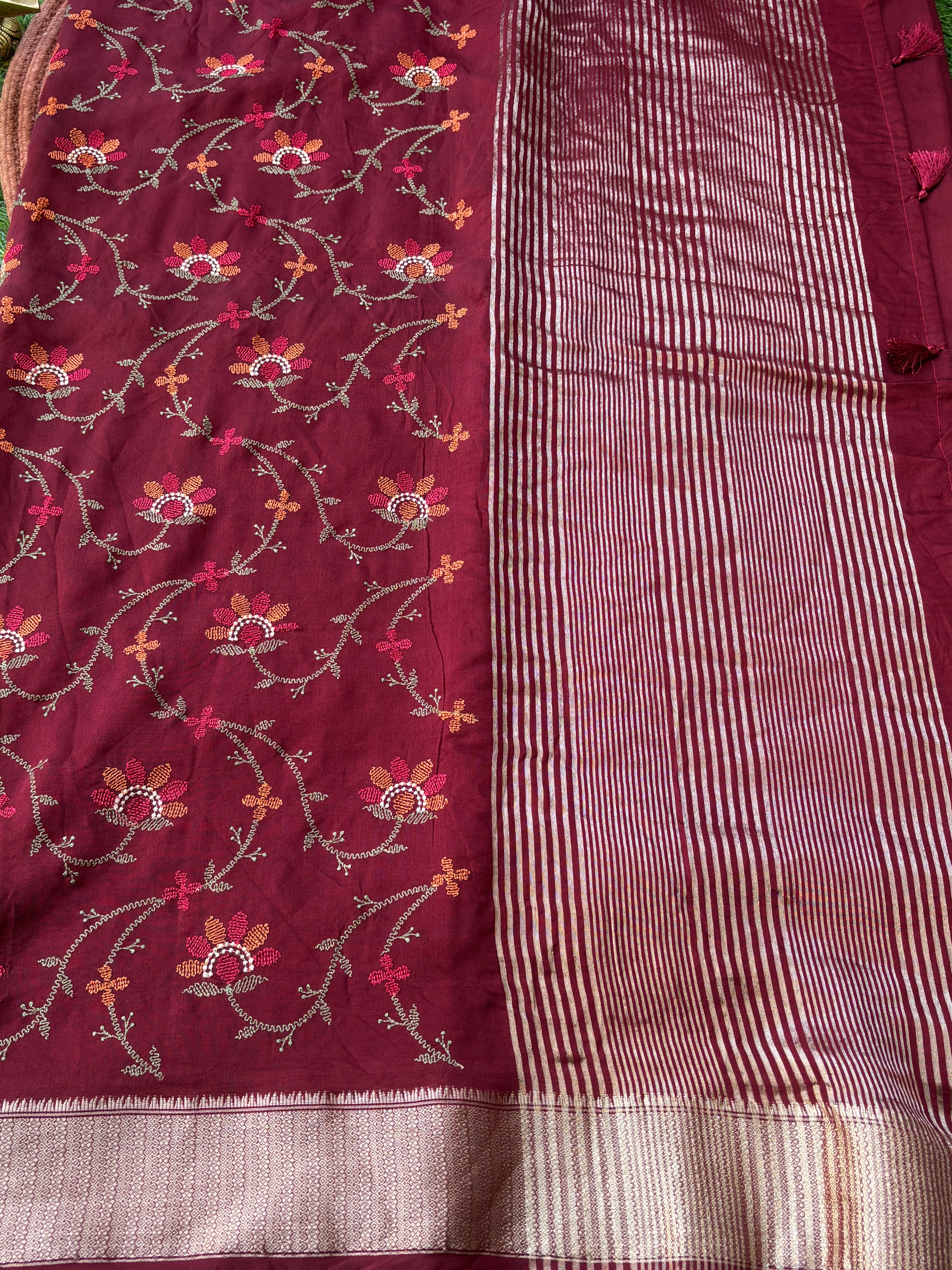 Maroon Georgette Saree with Thread Weaving, Floral Embroidery & Zari Woven Pallu