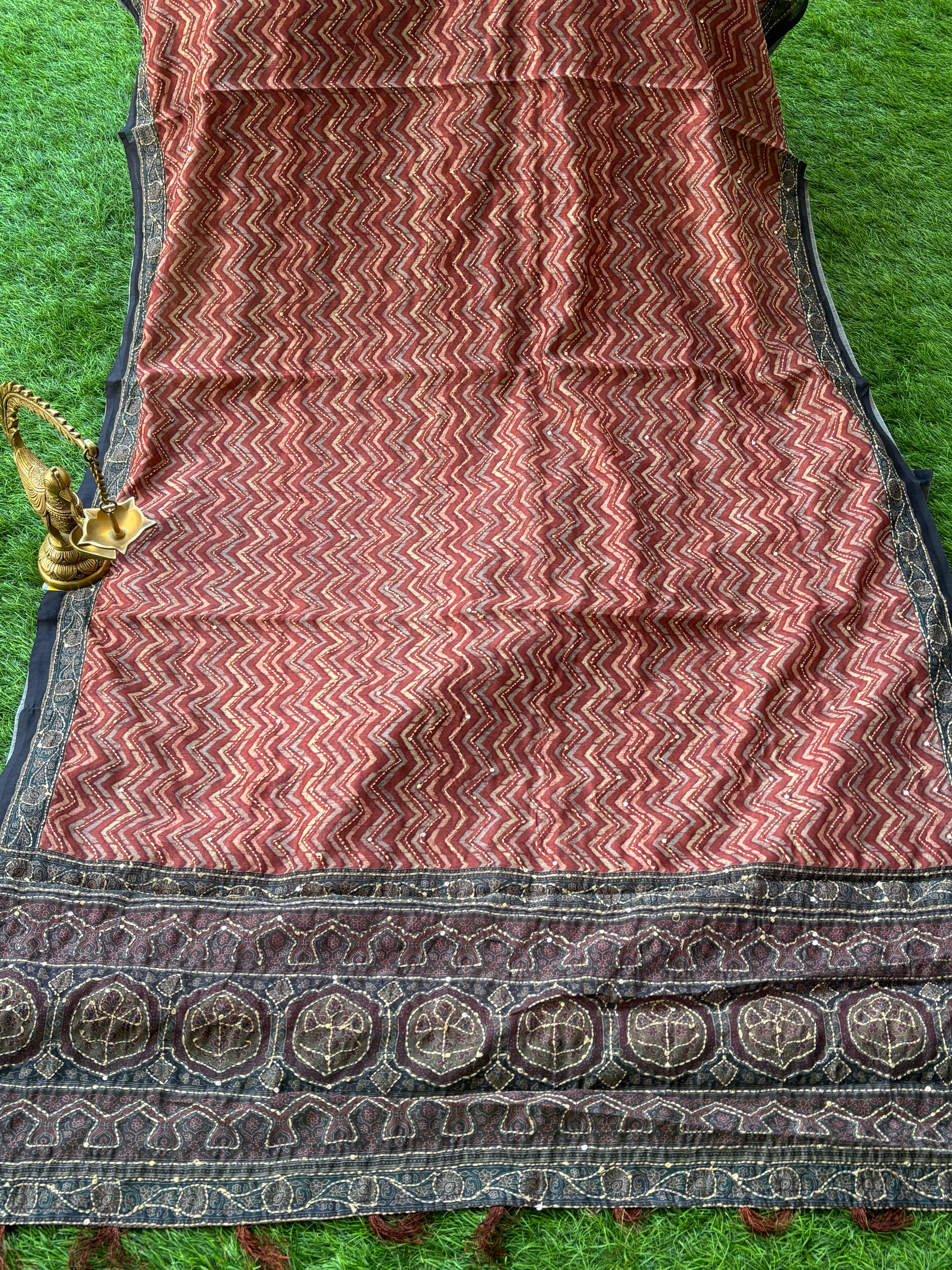 Dark Brown Mercerized Cotton Saree with Navy Blue Border | Chandrika Lifestyles