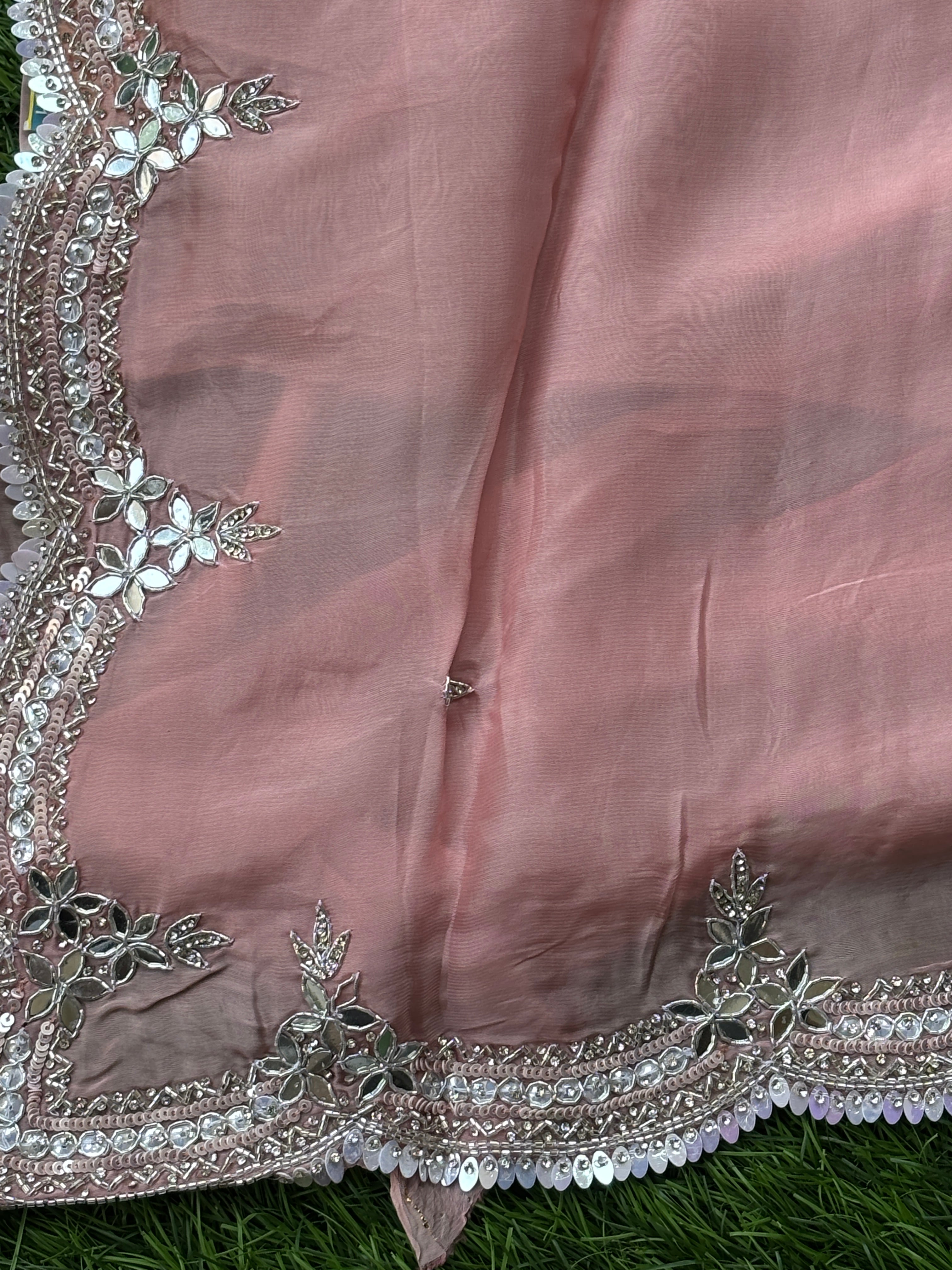 Elegant Peach Pink Pure Crepe Silk Saree with Designer Scallop Border