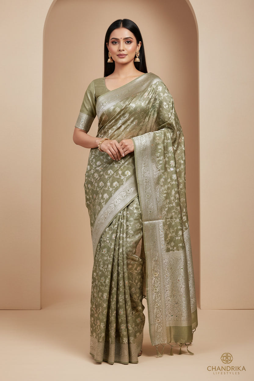 Pastel Green Pure Banarasi Silk Saree with All-Over Weaving and Zari Border