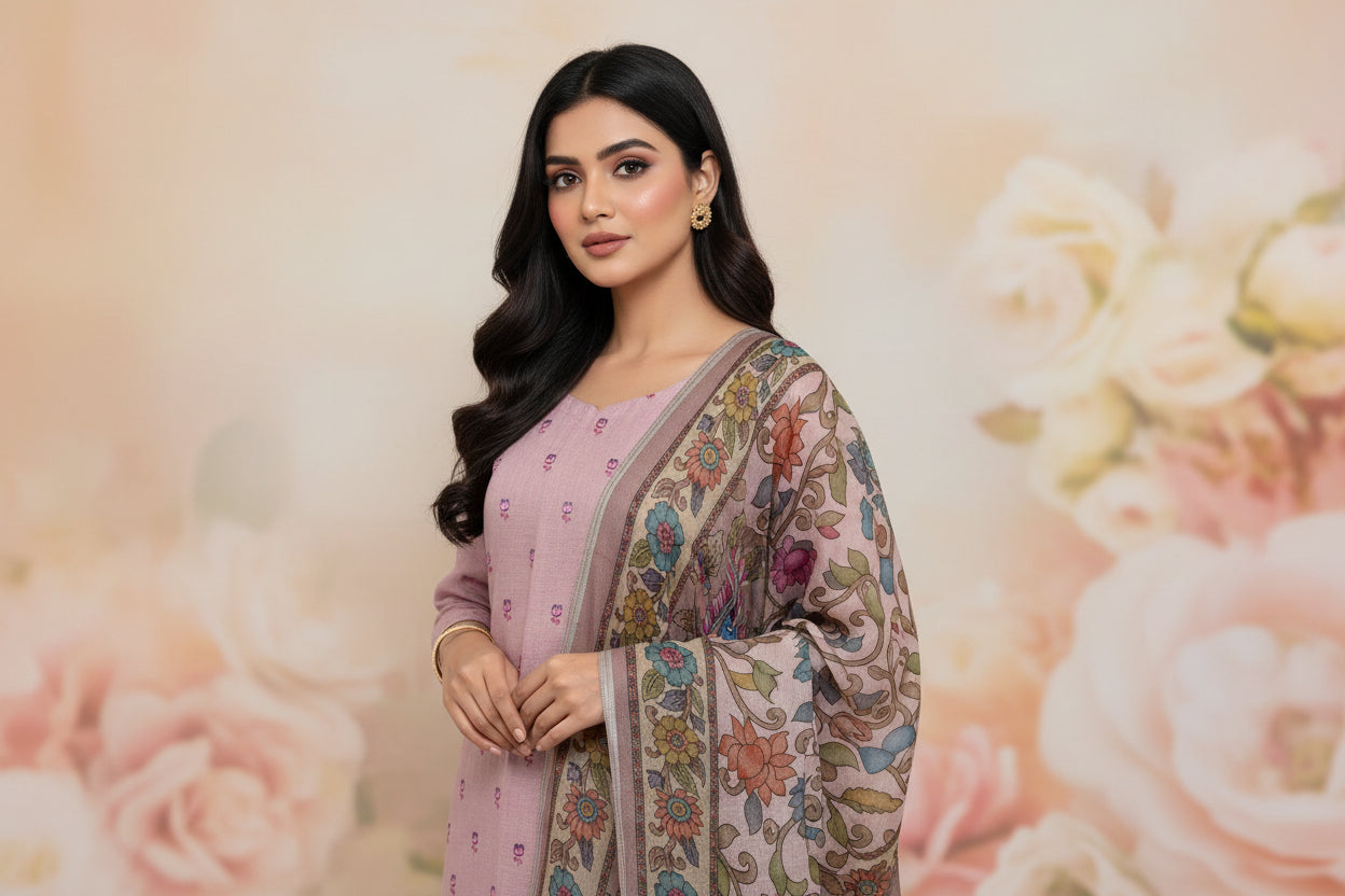 Chandrika Lifestyles | Onion Pink Linen Suit – Lotus Embroidery