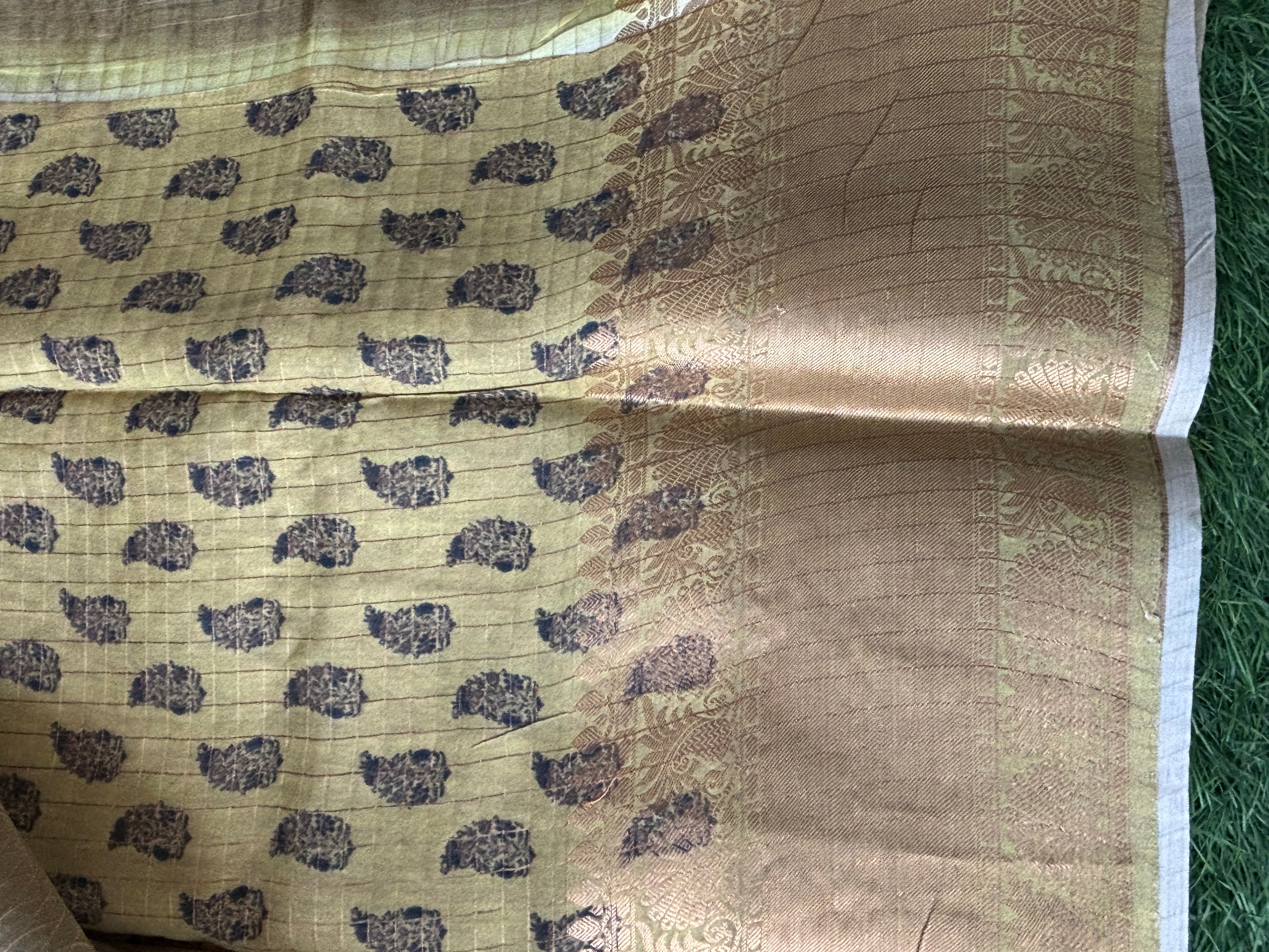 Beige Pure Organza Saree with All-Over Zari Checks