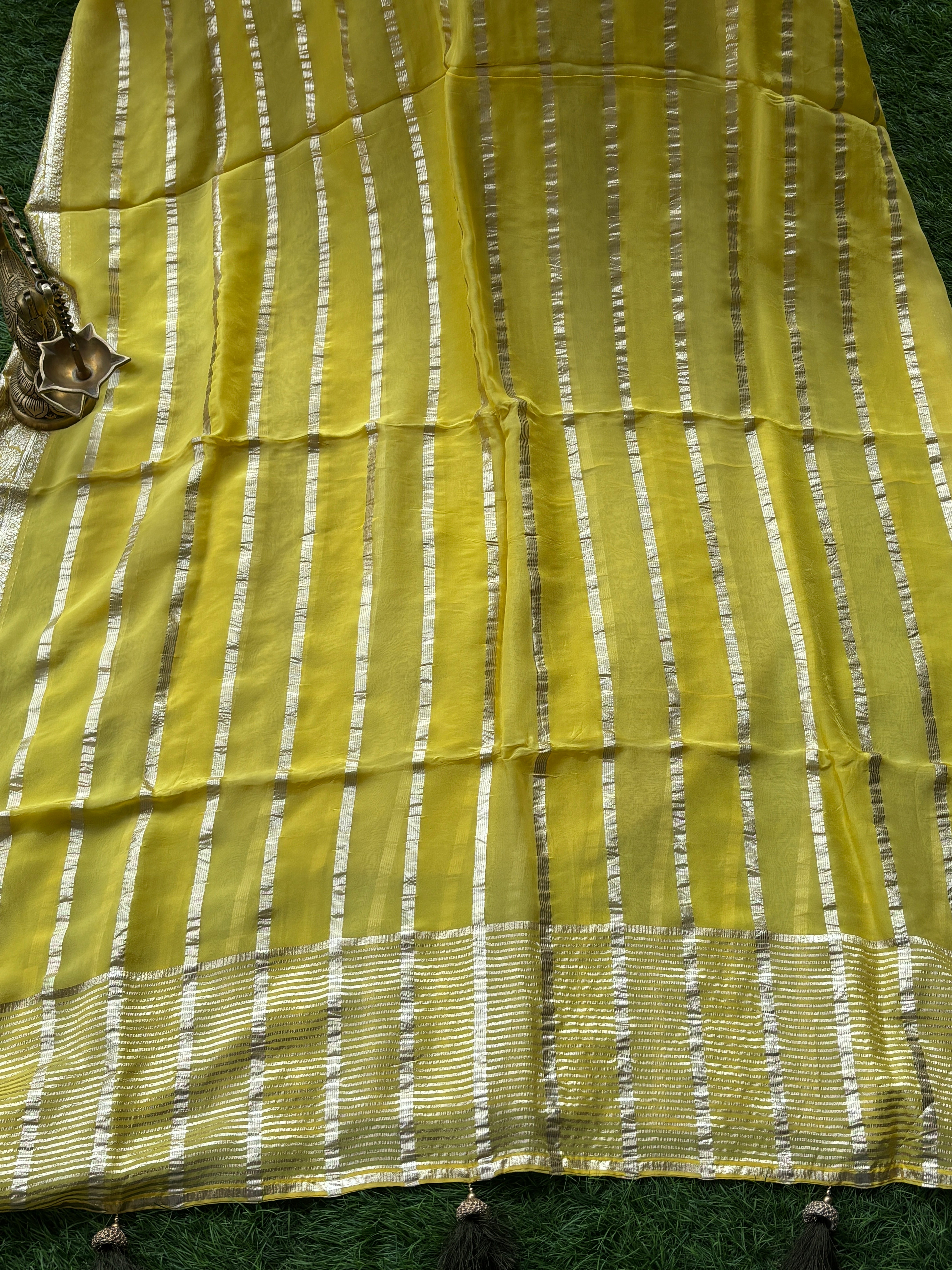 Royal Lemon Yellow Pure Georgette Saree with Silver Stripes & Heavy work Mehendi Designer Blouse
