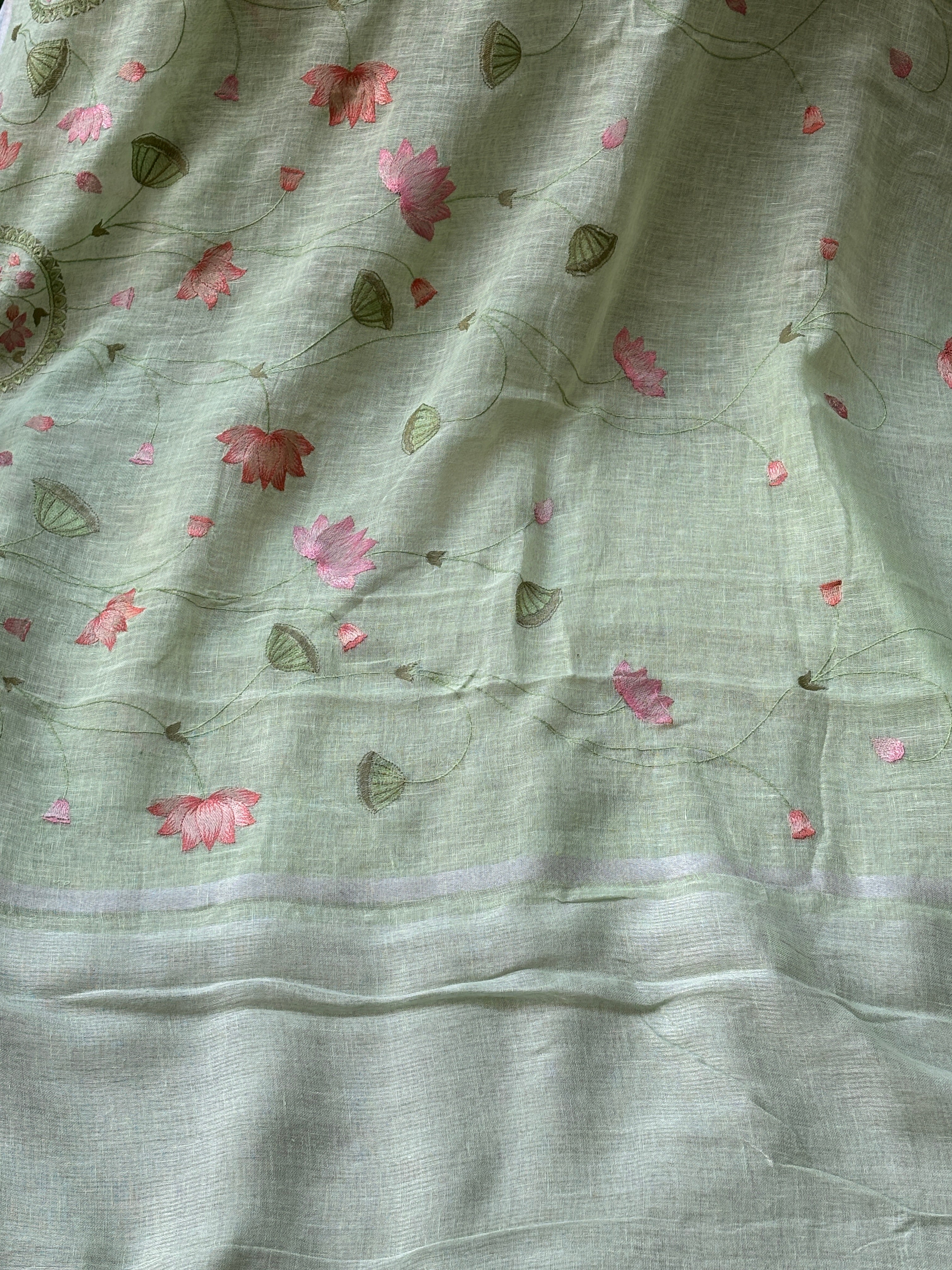 Pista Green Pure Linen Saree with Embroidery and Pink Contrast Blouse
