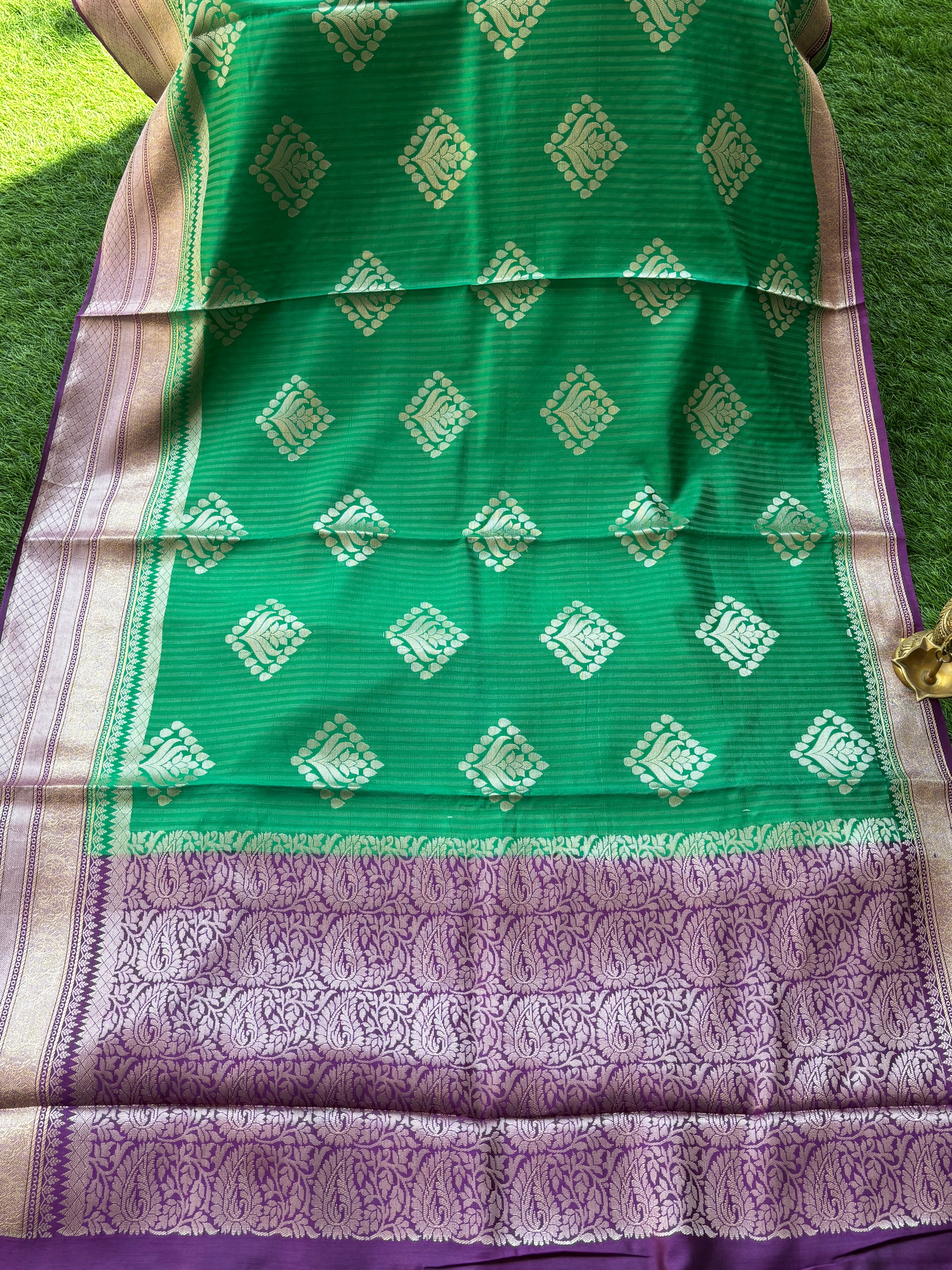 Green Pure Dupion Silk Banarasi Saree with Purple Border | Chandrika Lifestyles
